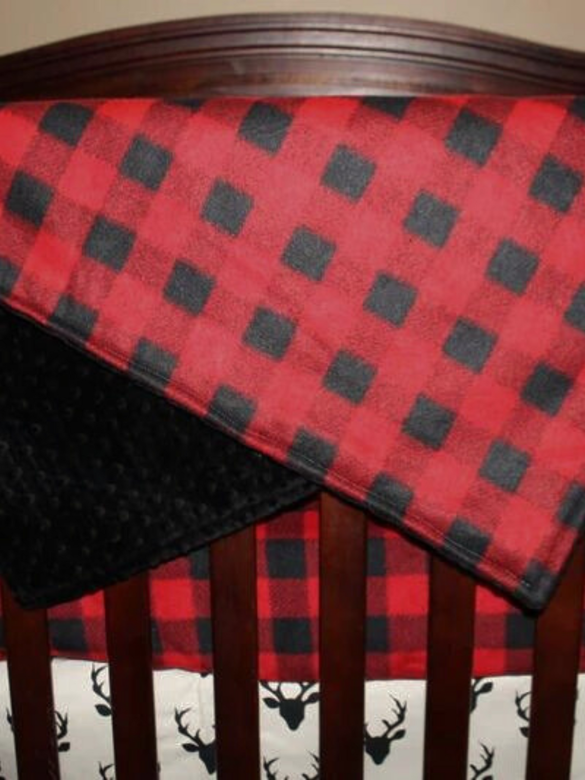 Standard Blanket-Mountain Lodge Red Black Buffalo Check and Black Minky Woodland Blanket - DBC Baby Bedding Co 