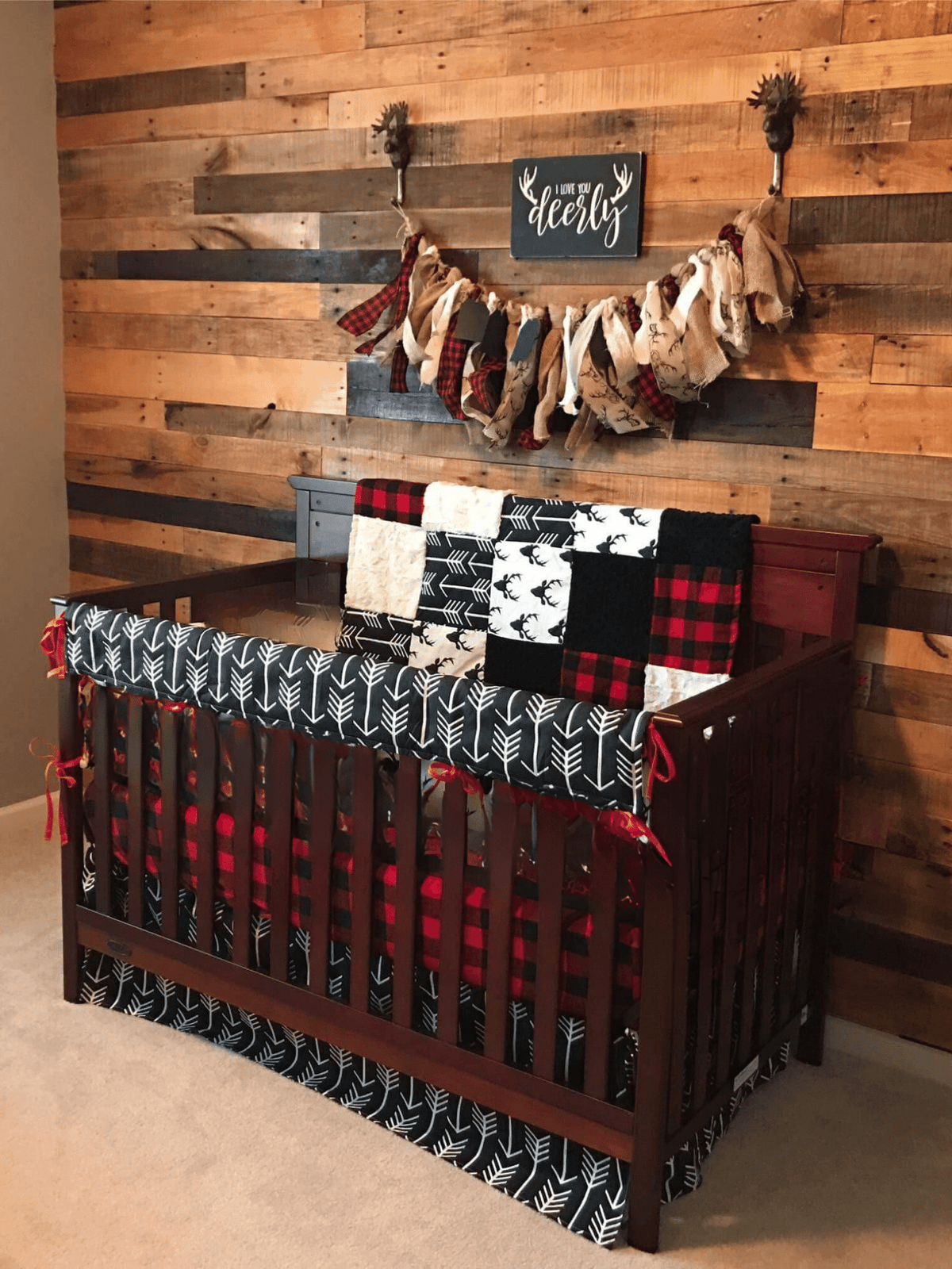 Ready Ship Boy Crib Bedding - Buck Deer, Lodge Red Black Buffalo Check Woodland Baby Bedding Collection - DBC Baby Bedding Co 