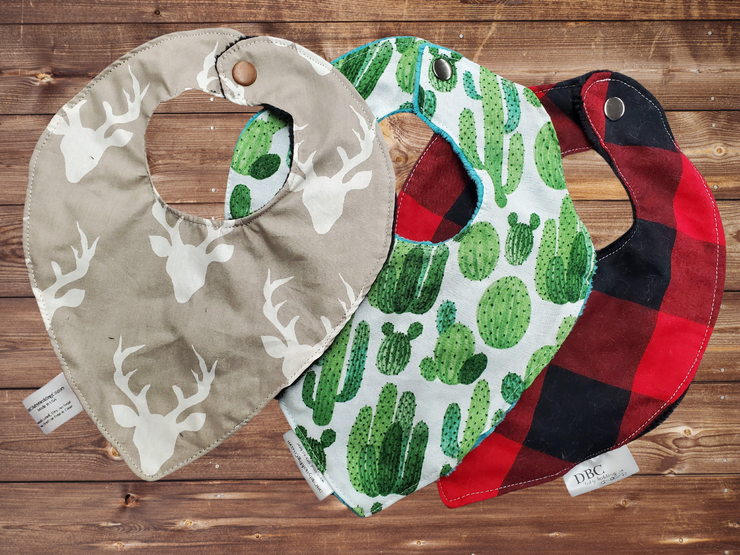 Bib- 3 pc set Buck, Red Black Check, and Cactus Baby Bibs - DBC Baby Bedding Co 