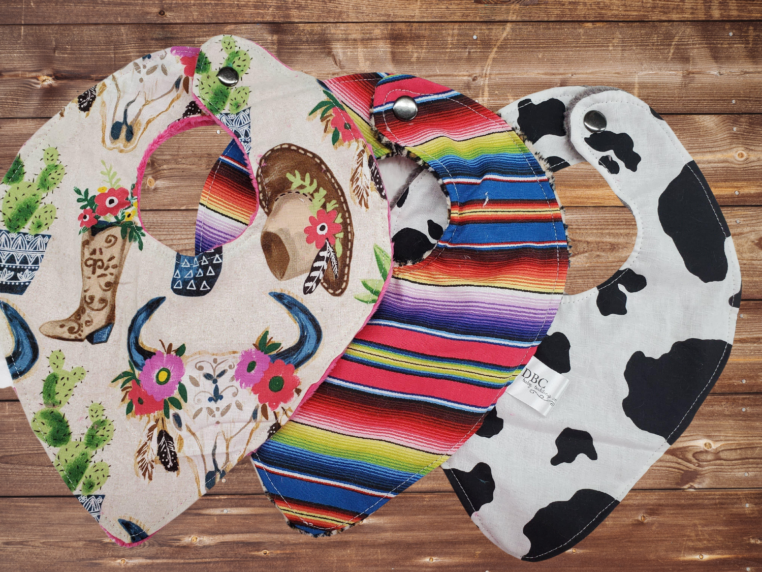 Bib Set - 3 pc set Boots Hat, Serape, and Black Cow Western Bibs - DBC Baby Bedding Co 