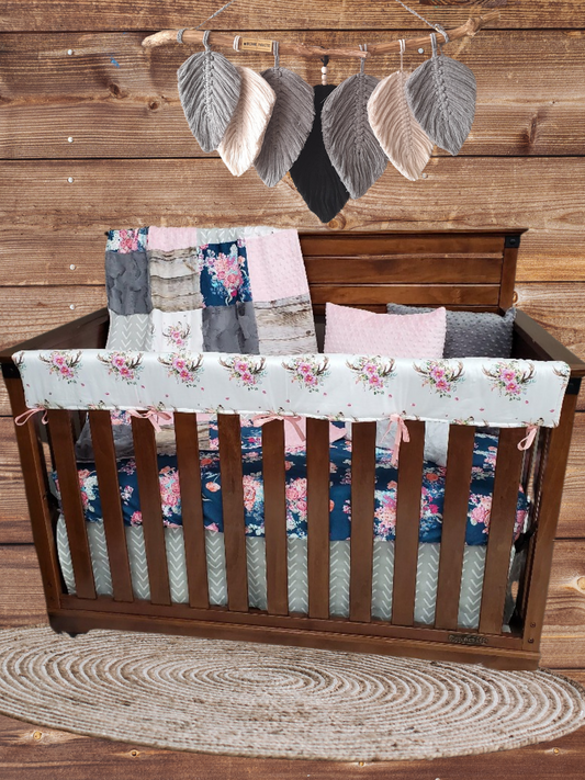 Custom Girl Crib Bedding - Antler and Navy Coral Floral Woodland Baby Bedding & Nursery Collection - DBC Baby Bedding Co 