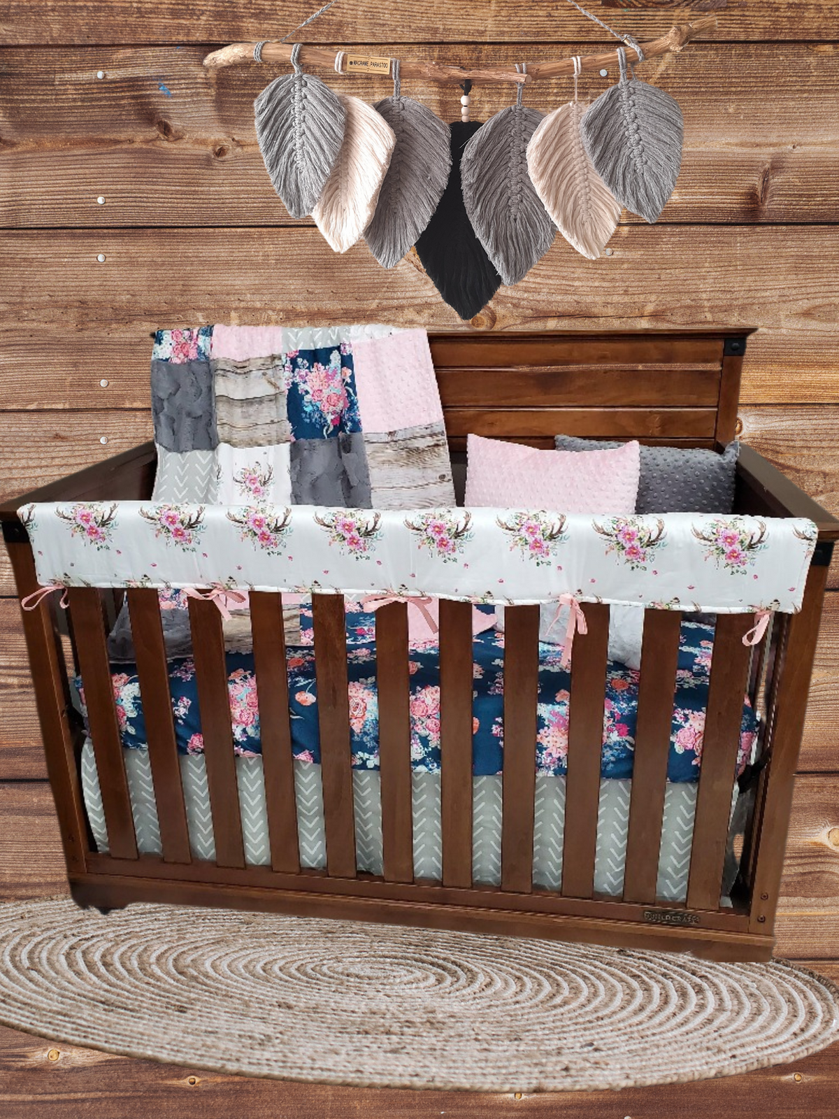 Custom Girl Crib Bedding - Antler and Navy Coral Floral Woodland Baby Bedding &amp; Nursery Collection - DBC Baby Bedding Co 