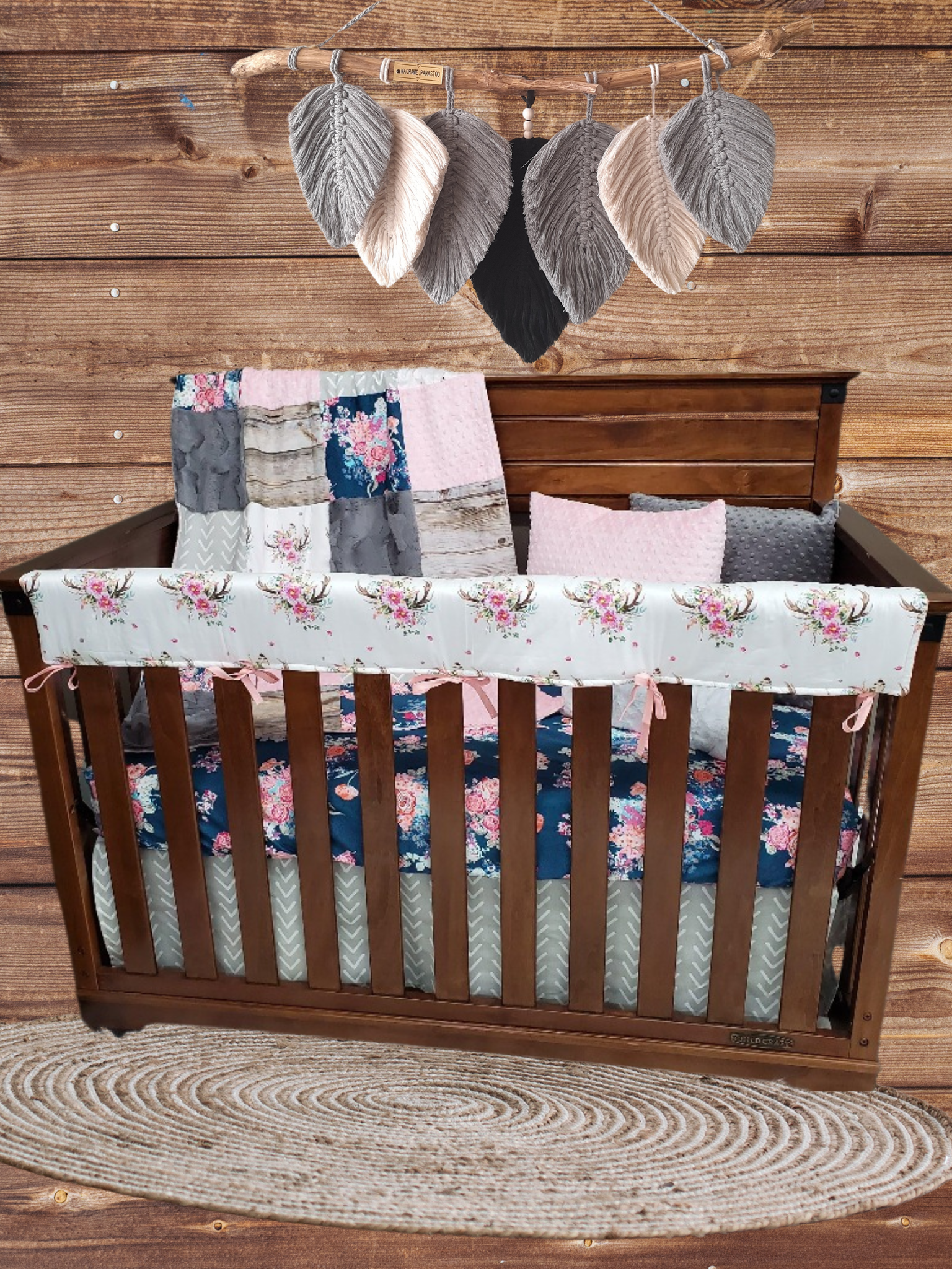 Custom Girl Crib Bedding - Antler and Navy Coral Floral Woodland Baby Bedding & Nursery Collection - DBC Baby Bedding Co 