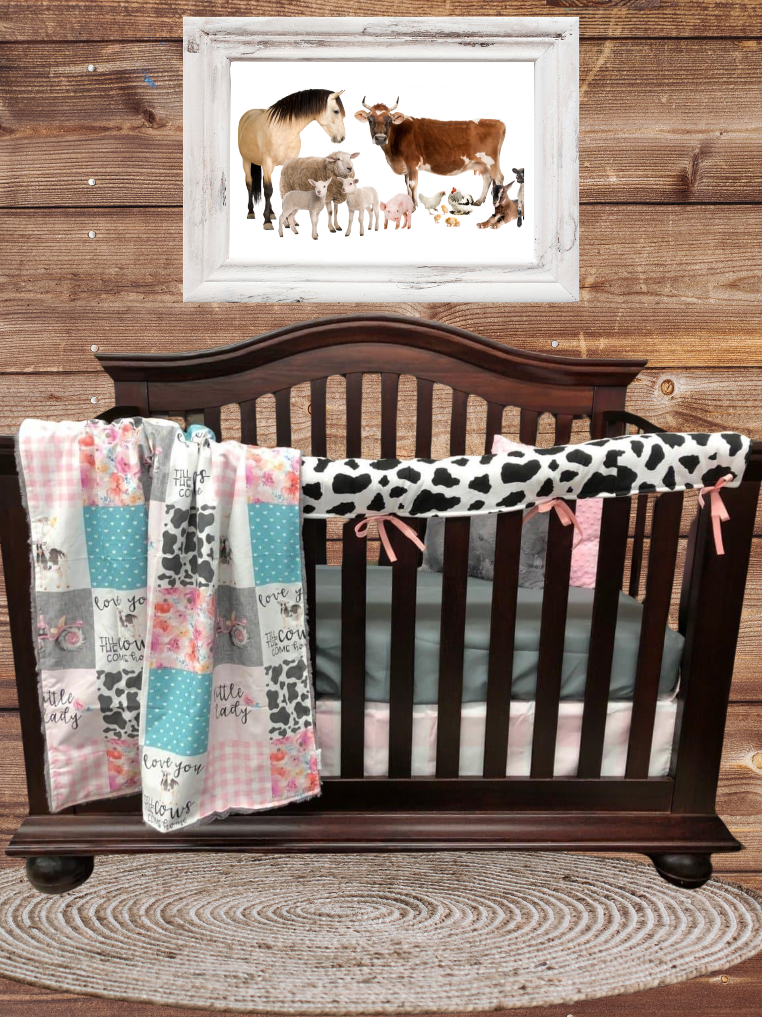 Custom Girl Crib Bedding - Blush Mint Cows Come Home Farm Baby Bedding Collection - DBC Baby Bedding Co 