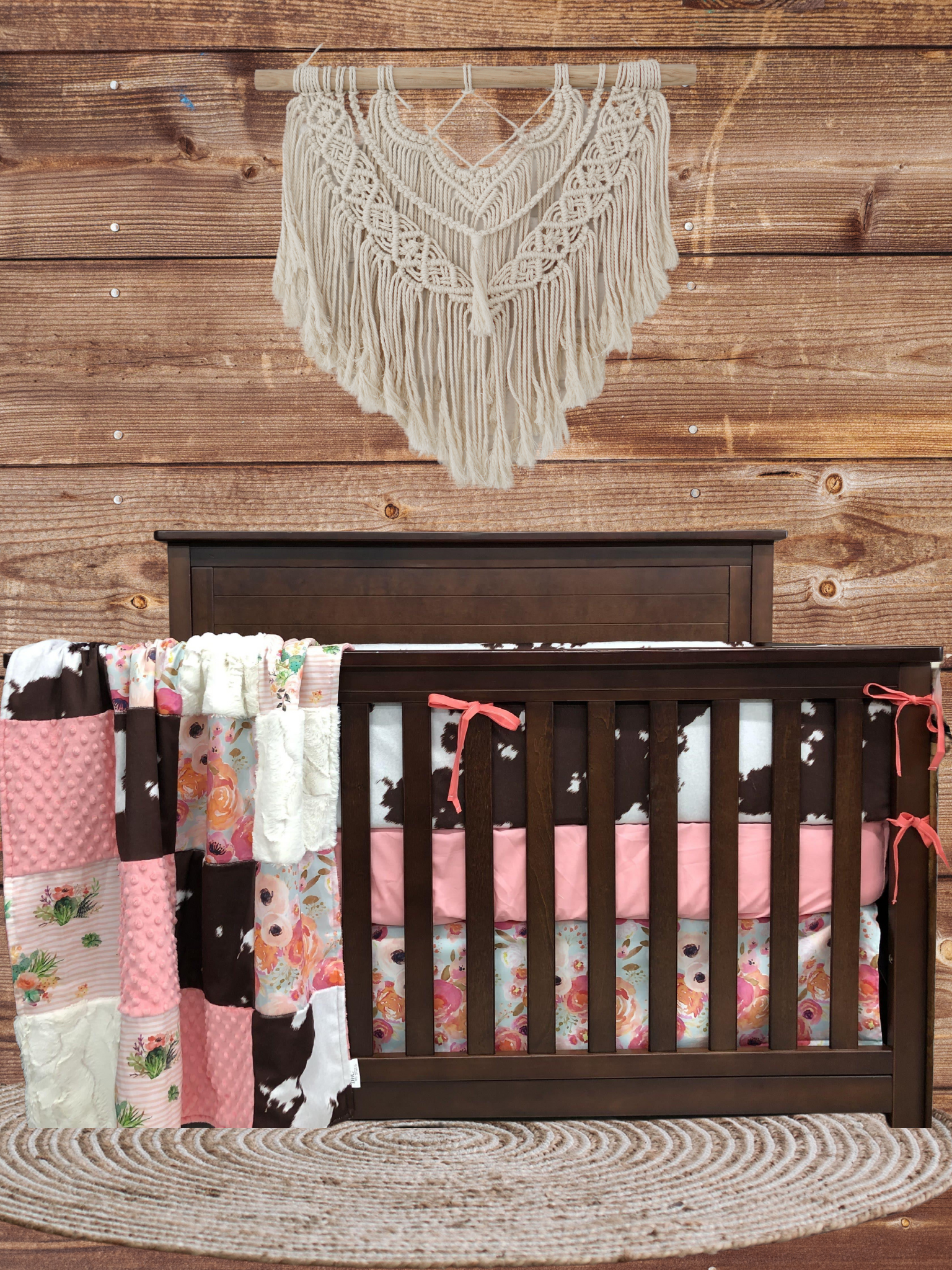 Custom Girl Crib Bedding - Cactus, Cowhide Minky, and Watercolor Floral Western Nursery Collection - DBC Baby Bedding Co 