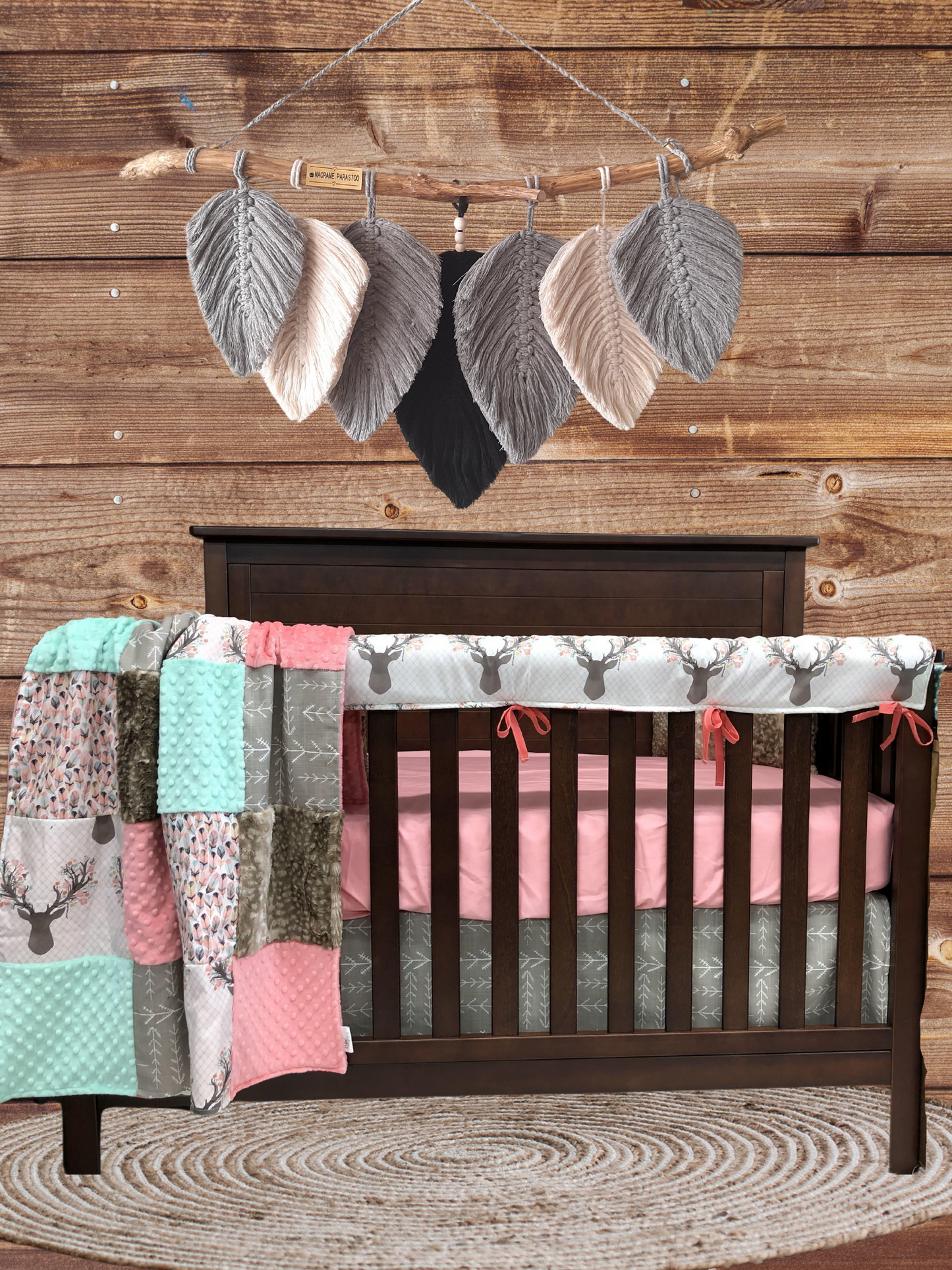 New Release Girl Crib Bedding - Tulip Fawn and Feathers Woodland Baby Bedding Collection - DBC Baby Bedding Co 
