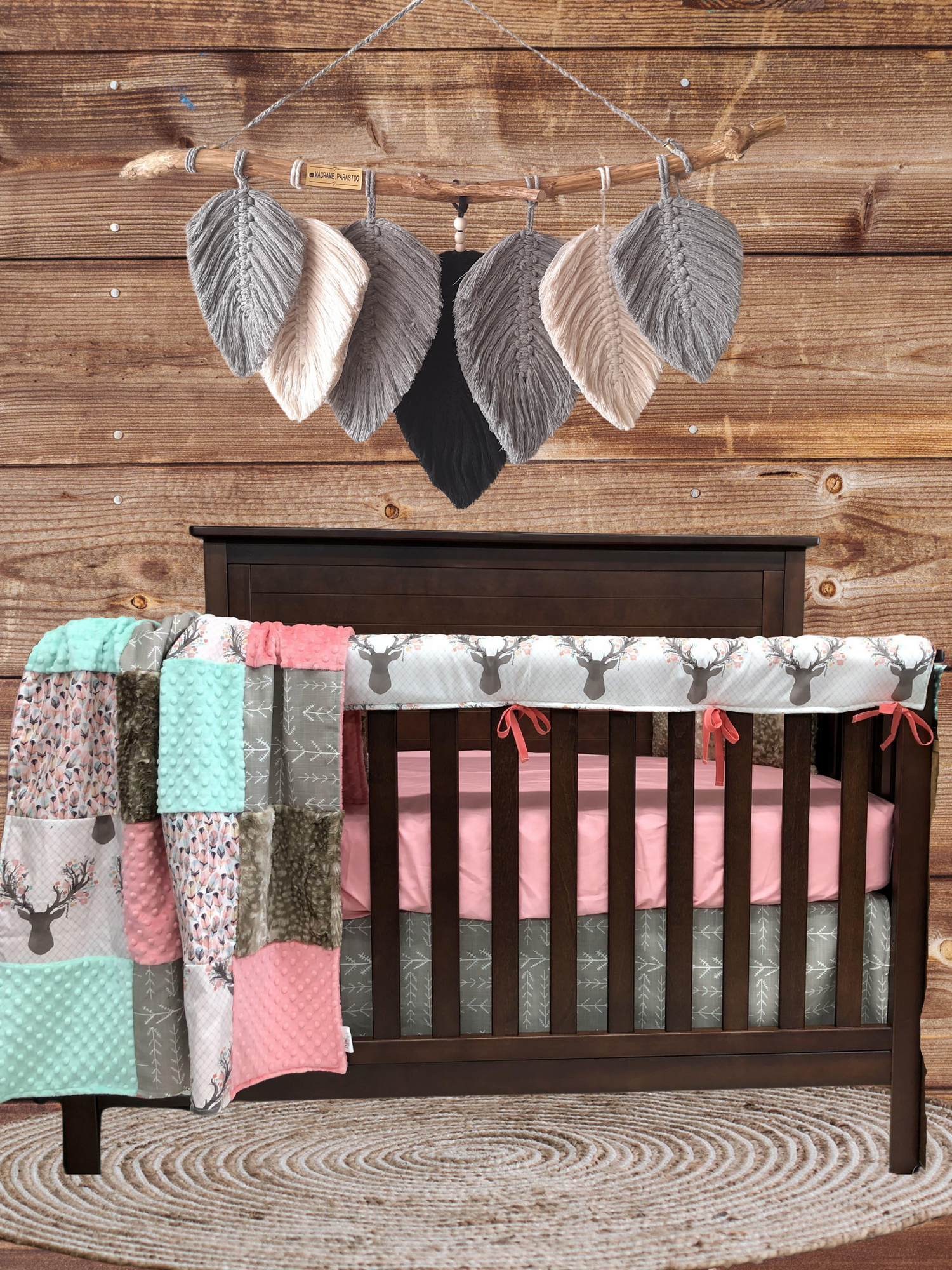 New Release Girl Crib Bedding - Tulip Fawn and Feathers Woodland Baby Bedding Collection - DBC Baby Bedding Co 