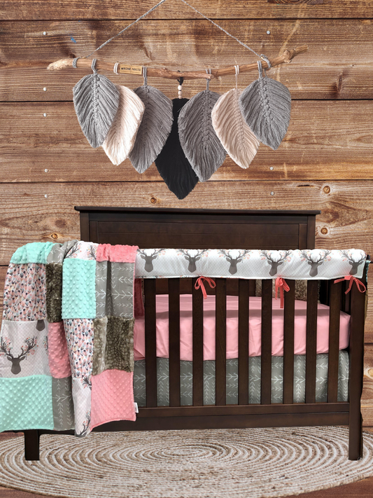 New Release Girl Crib Bedding - Tulip Fawn and Feathers Woodland Baby Bedding Collection - DBC Baby Bedding Co 
