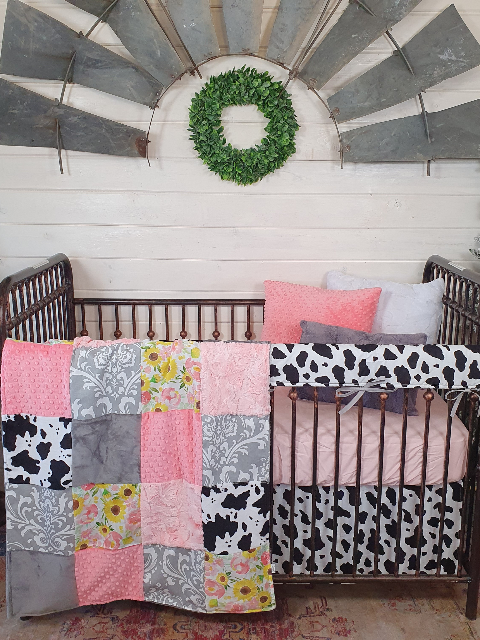 Girl Crib Bedding - Sunflower Rose and Black White Cow Minky Farm Baby Bedding Collection - DBC Baby Bedding Co 