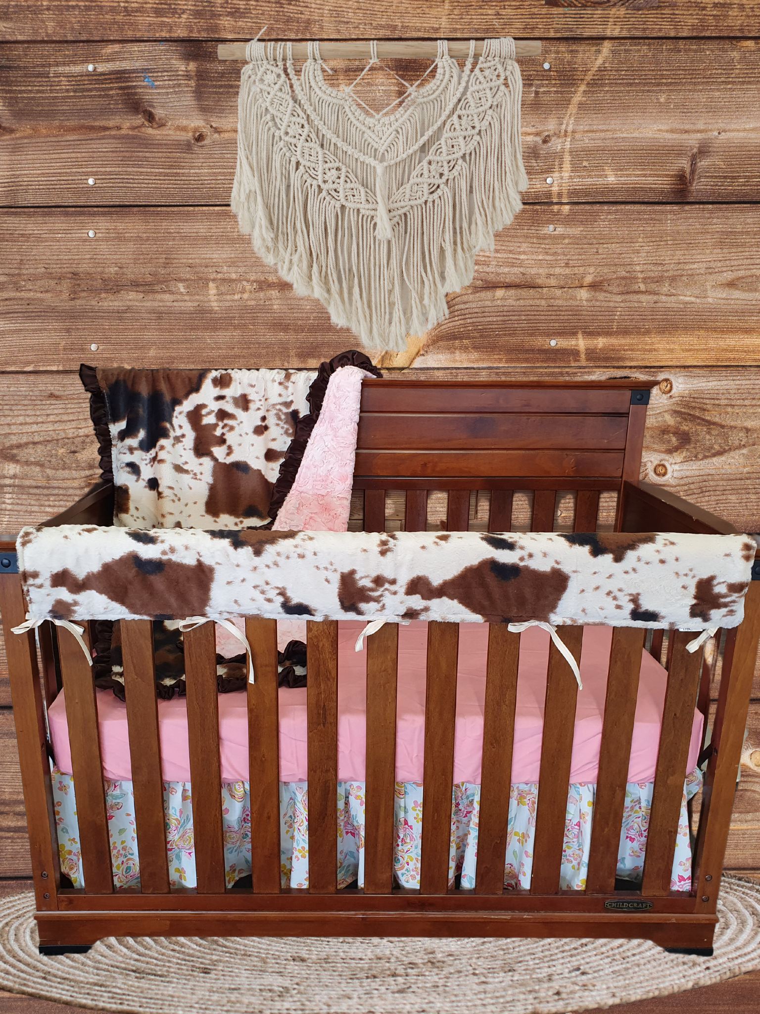Girl Crib Bedding- Cream Floral and Cow Minky Western Baby Bedding Collection - DBC Baby Bedding Co 