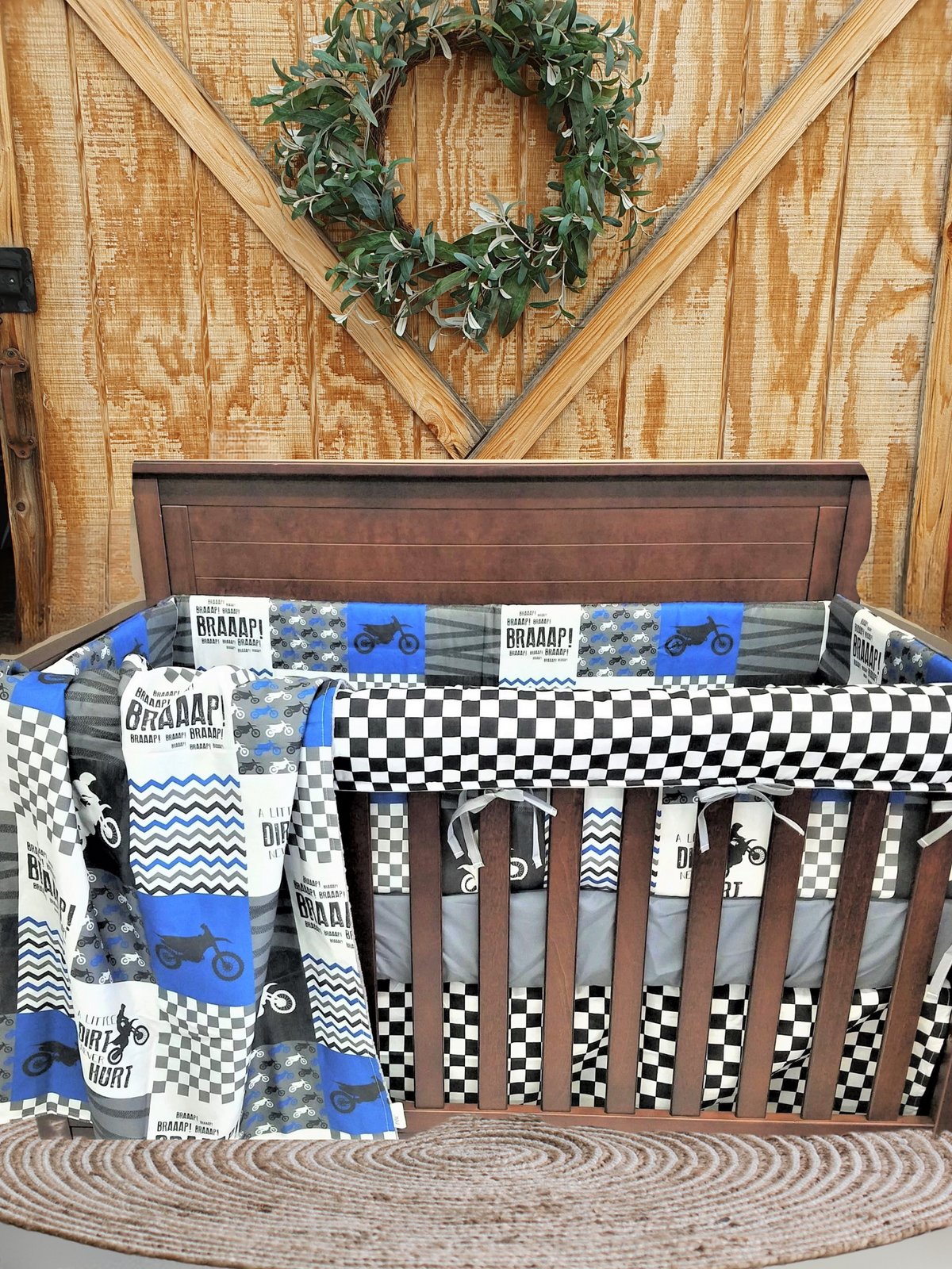 Custom Boy Crib Bedding - Dirt Bike, Race Flag Check, Motocross Baby Bedding Collection - DBC Baby Bedding Co 