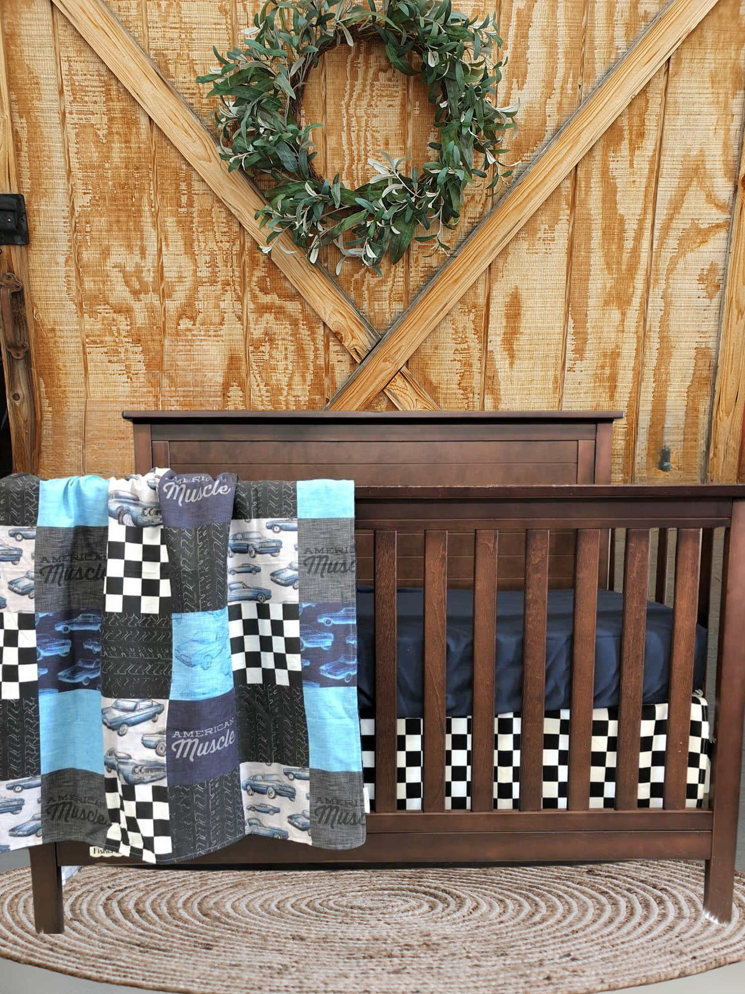 Custom Boy Crib Bedding - Muscle Cars and Race Flag Check Baby Bedding Collection - DBC Baby Bedding Co 