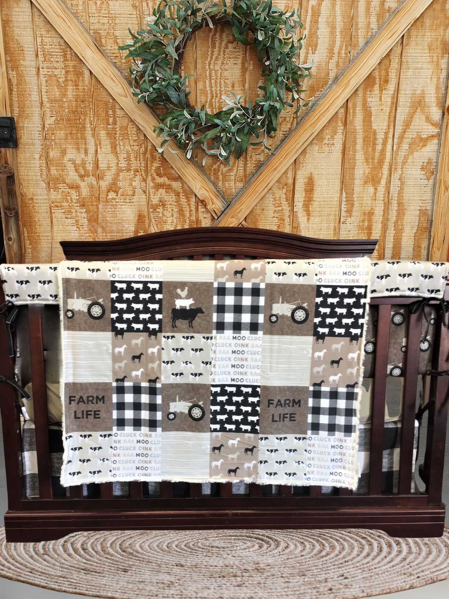 Custom Boy Crib Bedding - Rustic Farm Life, Tractors, and Buffalo Check, Farm Life Baby Crib Collection - DBC Baby Bedding Co 