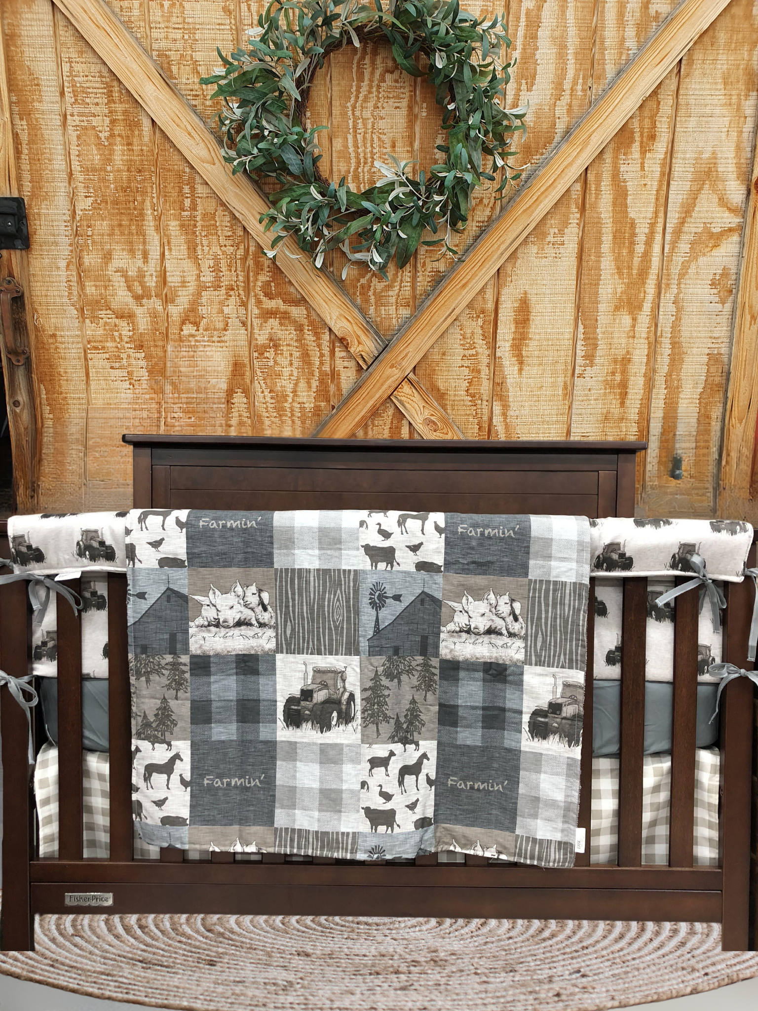 Custom Boy Crib Bedding- Farmin Tractor, Ecru Check Farm Baby Bedding Collection - DBC Baby Bedding Co 