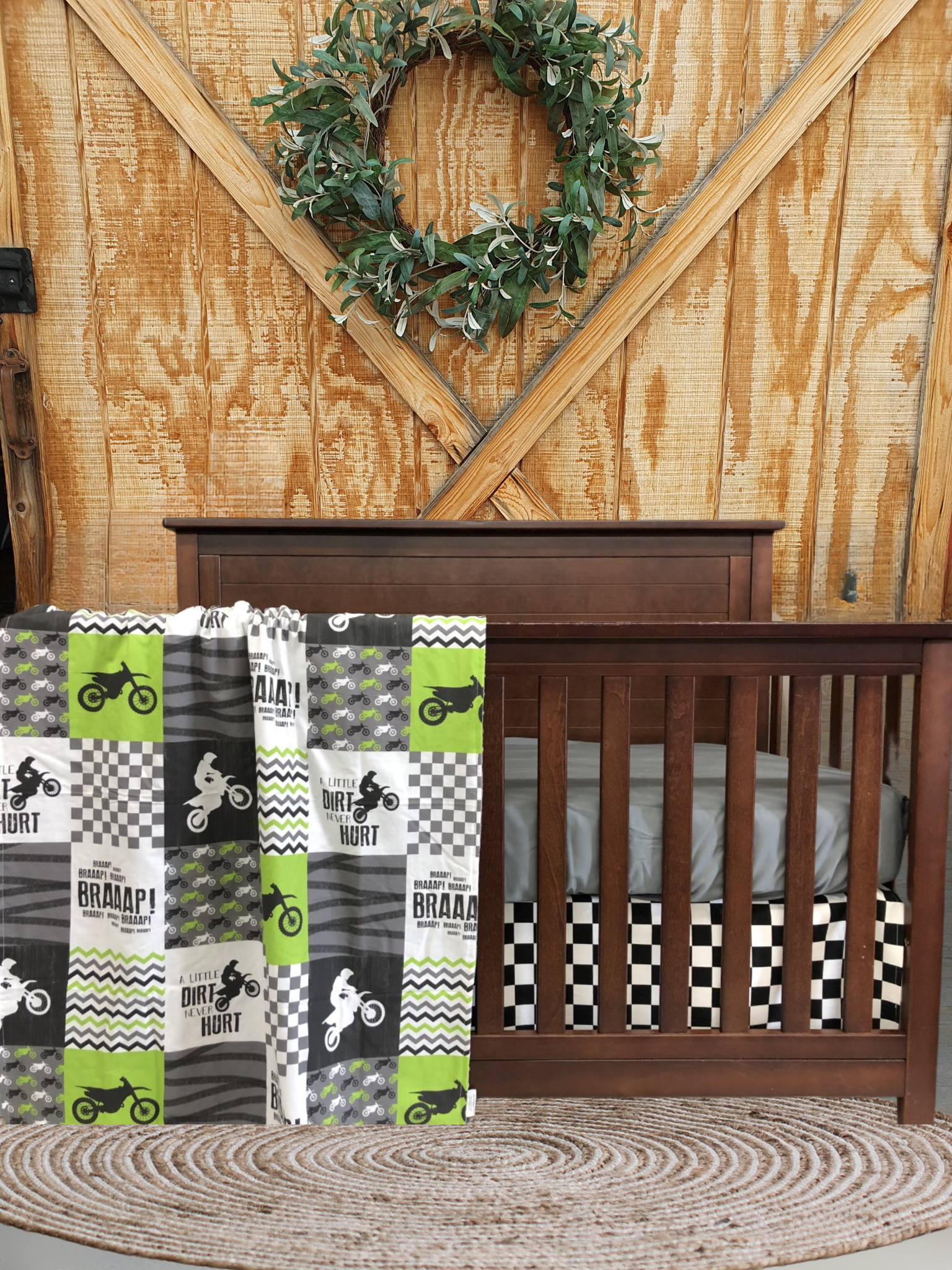 New Release Boy Crib Bedding - Dirt Bike, Race Flag Check, Motocross Baby Bedding Collection - DBC Baby Bedding Co 