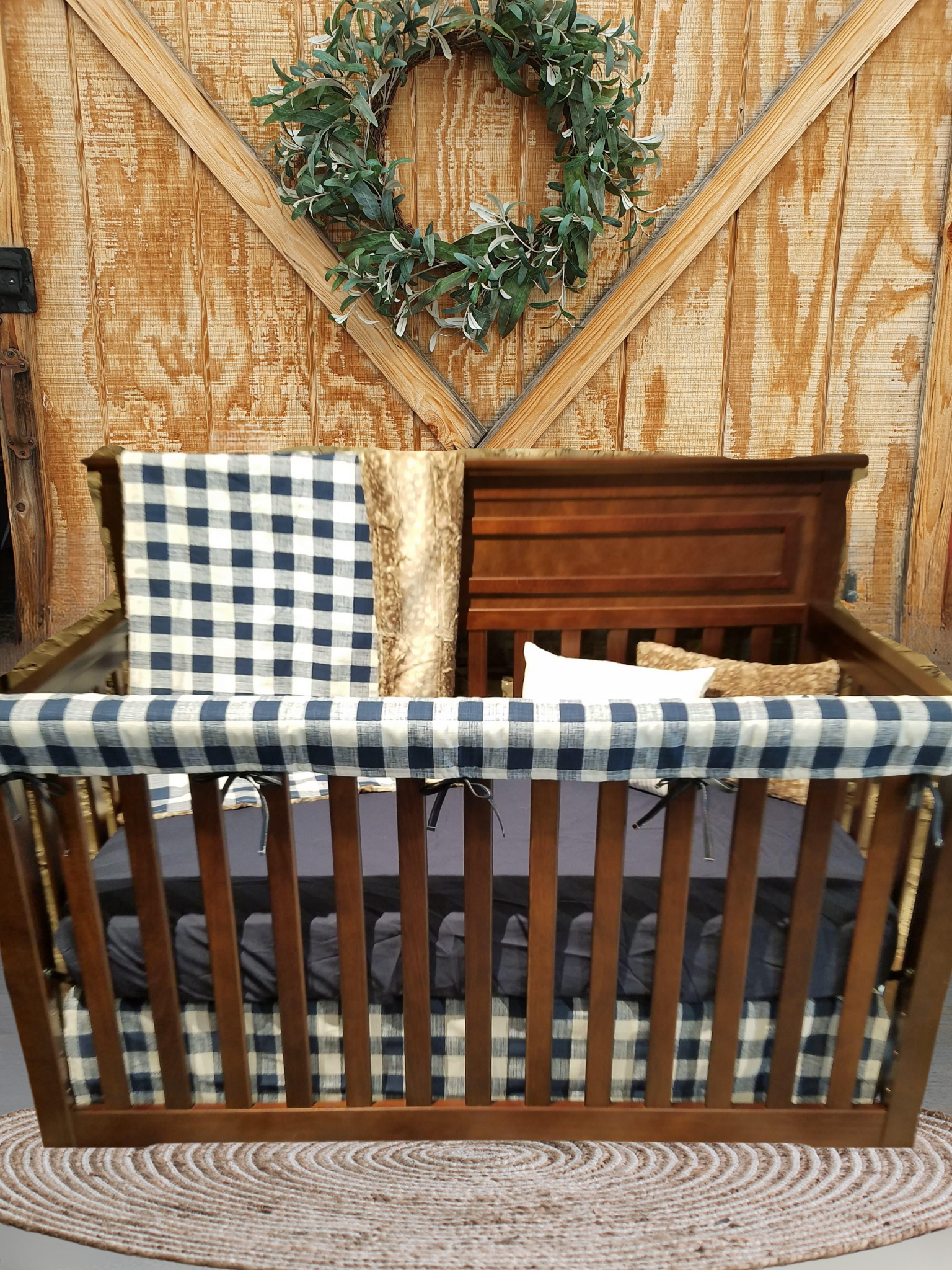 Ready Ship Boy Crib Bedding - Check and Fawn Minky Rustic Farmhouse Baby Bedding Collection - DBC Baby Bedding Co 