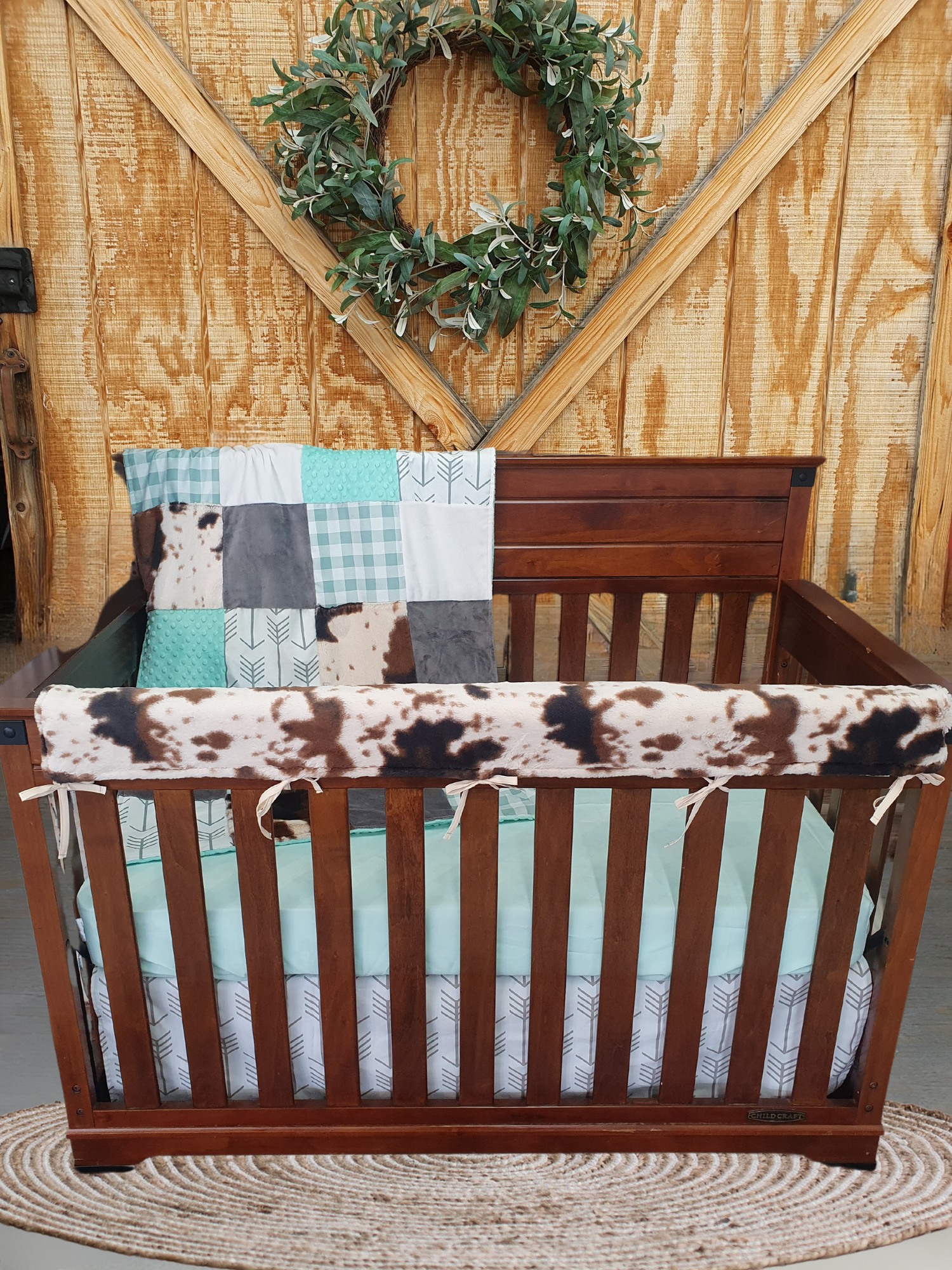 Neutral Crib Bedding- Farmhouse Mint and Cow Minky Western Baby Bedding Collection - DBC Baby Bedding Co 