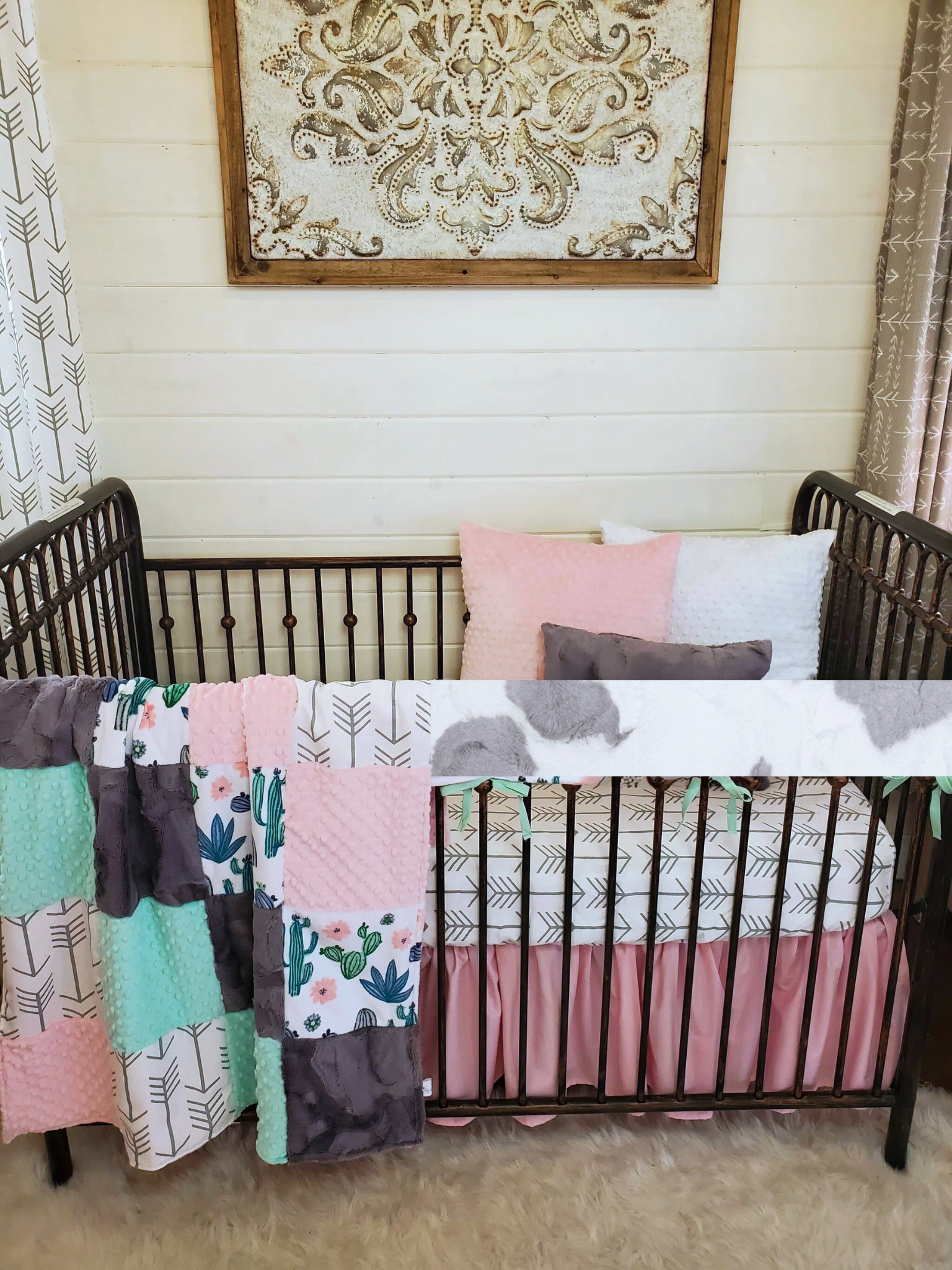 Ready Ship Girl Crib Bedding- Cactus, Arrow, Gray Calf Minky Western Baby Bedding Collection - DBC Baby Bedding Co 