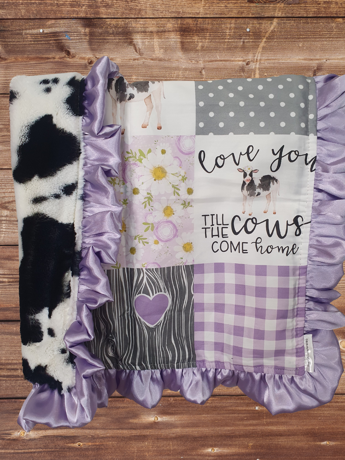 Ruffle Baby Lovey - Lilac Cows Come Home and Black White Cow Minky Lovey - DBC Baby Bedding Co 