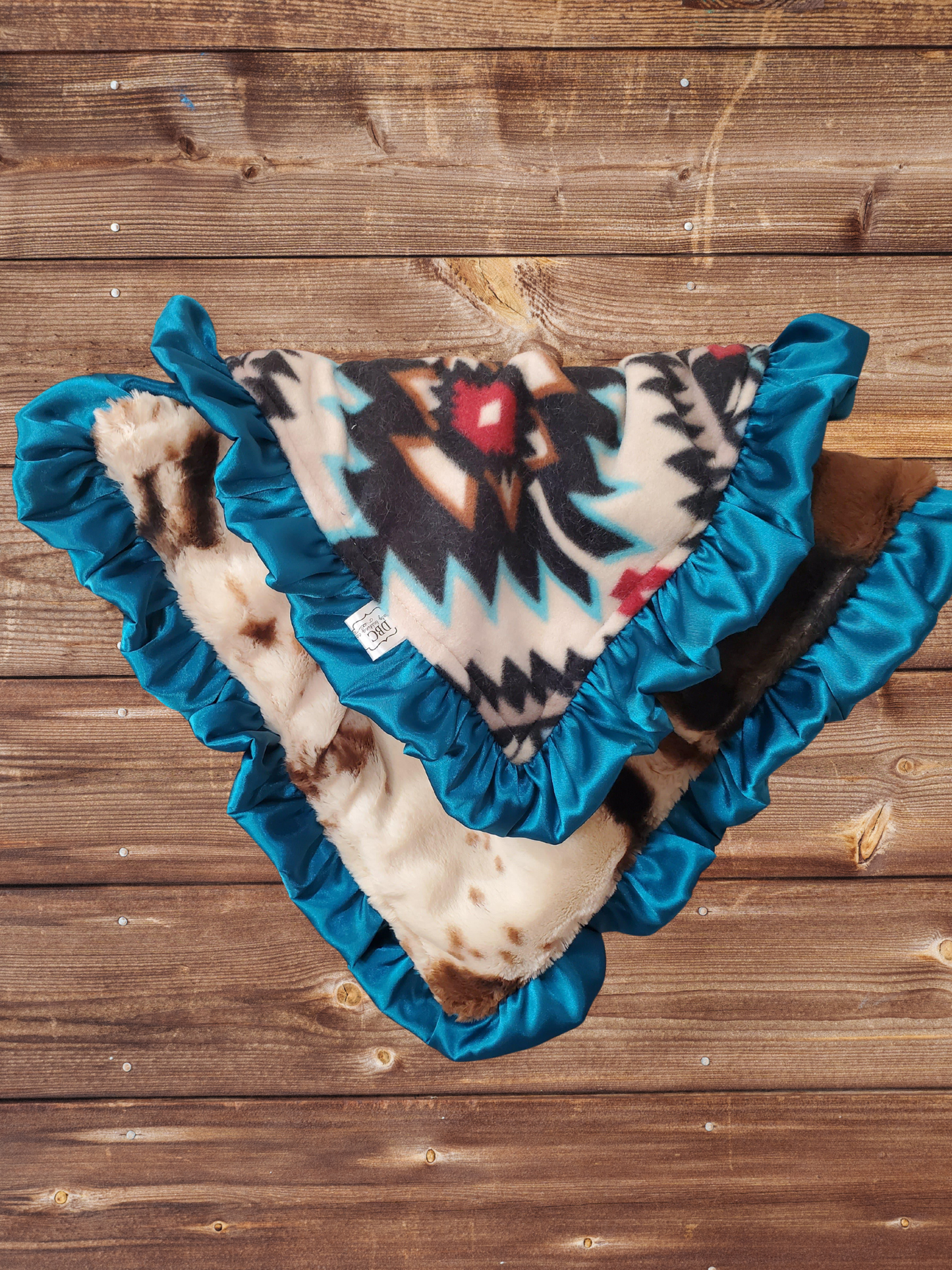 Baby Ruffle Lovey - Aqua Aztec and Cow Minky Western Lovey - DBC Baby Bedding Co 