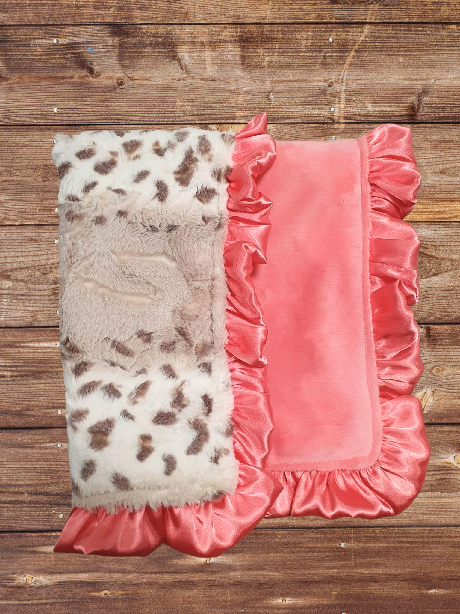 Baby Ruffle Lovey - Lynx Minky and Coral Satin Ruffle Lovey - DBC Baby Bedding Co 