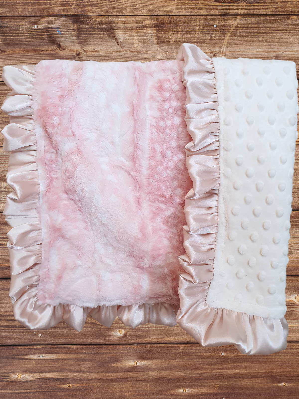 Baby Ruffle Lovey - Rosewater Fawn Minky and Ivory Woodland Lovey - DBC Baby Bedding Co 