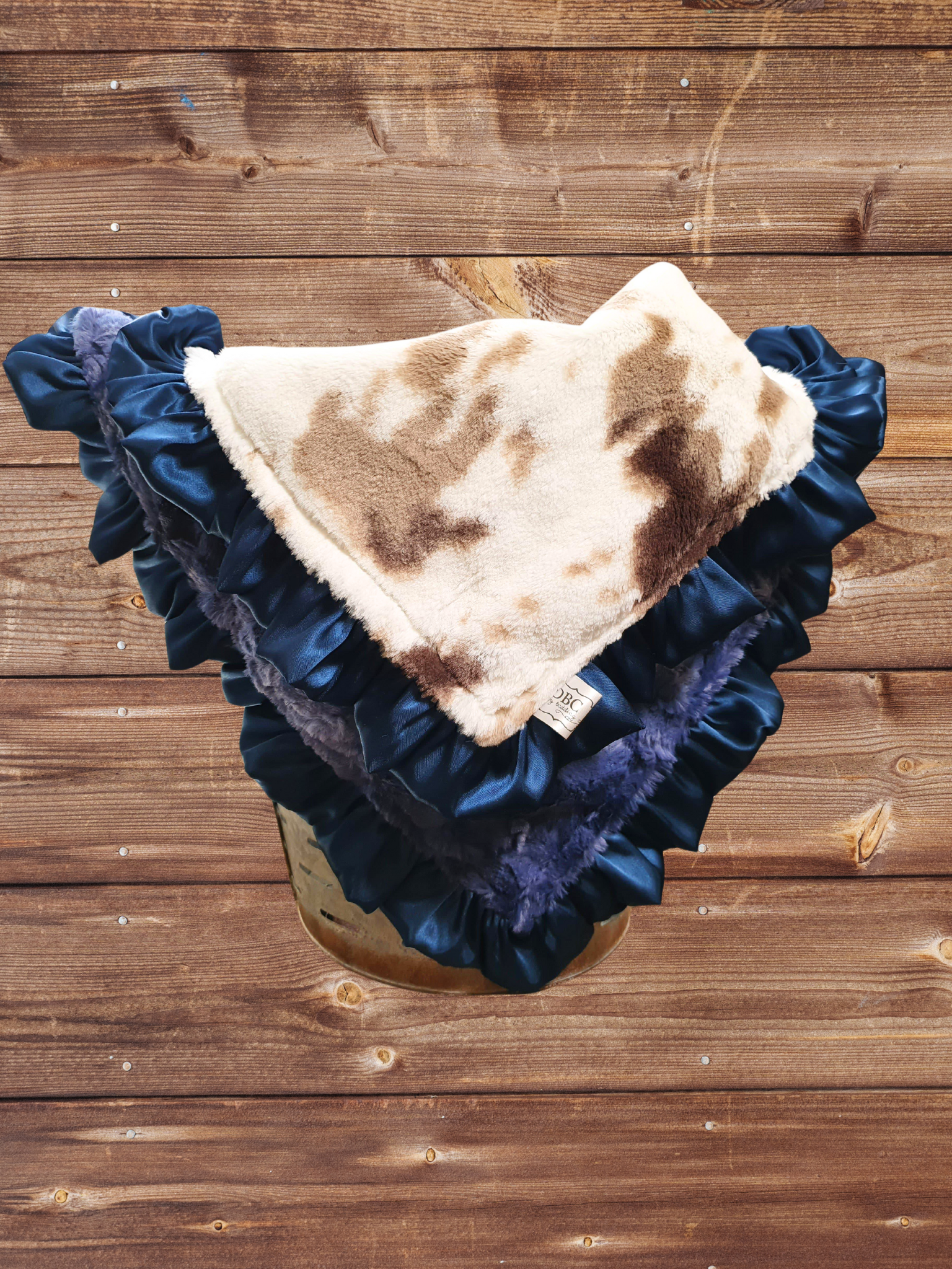 Ruffle Baby Lovey - Brown Sugar Cow with Navy Satin Ruffle Western Lovey - DBC Baby Bedding Co 