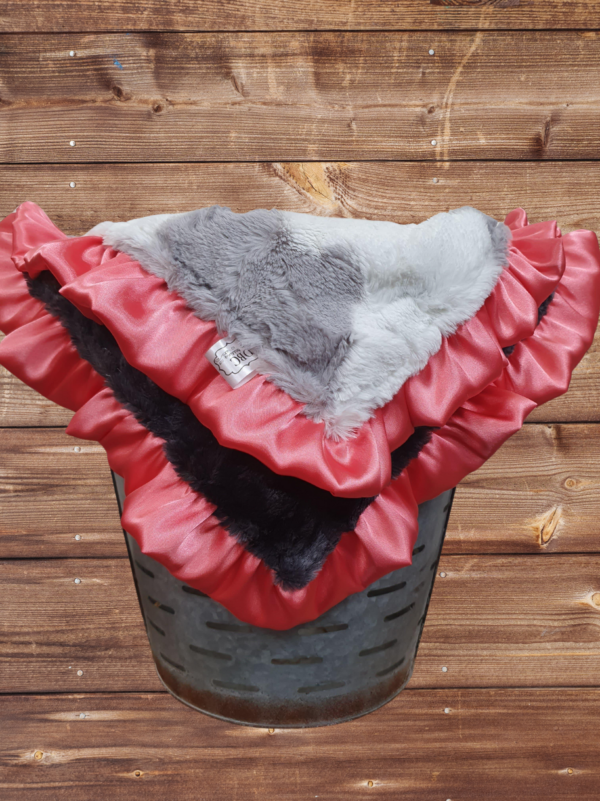 Ruffle Baby Lovey - Gray Calf Minky with Coral Satin Ruffle Western Lovey - DBC Baby Bedding Co 