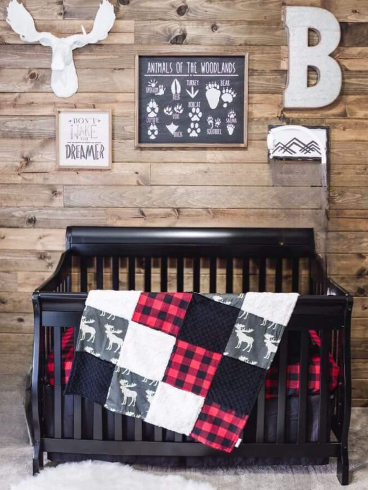 Boy Crib Bedding - Moose, Red Black Check Woodland Baby Bedding &amp; Nursery Collection - DBC Baby Bedding Co 