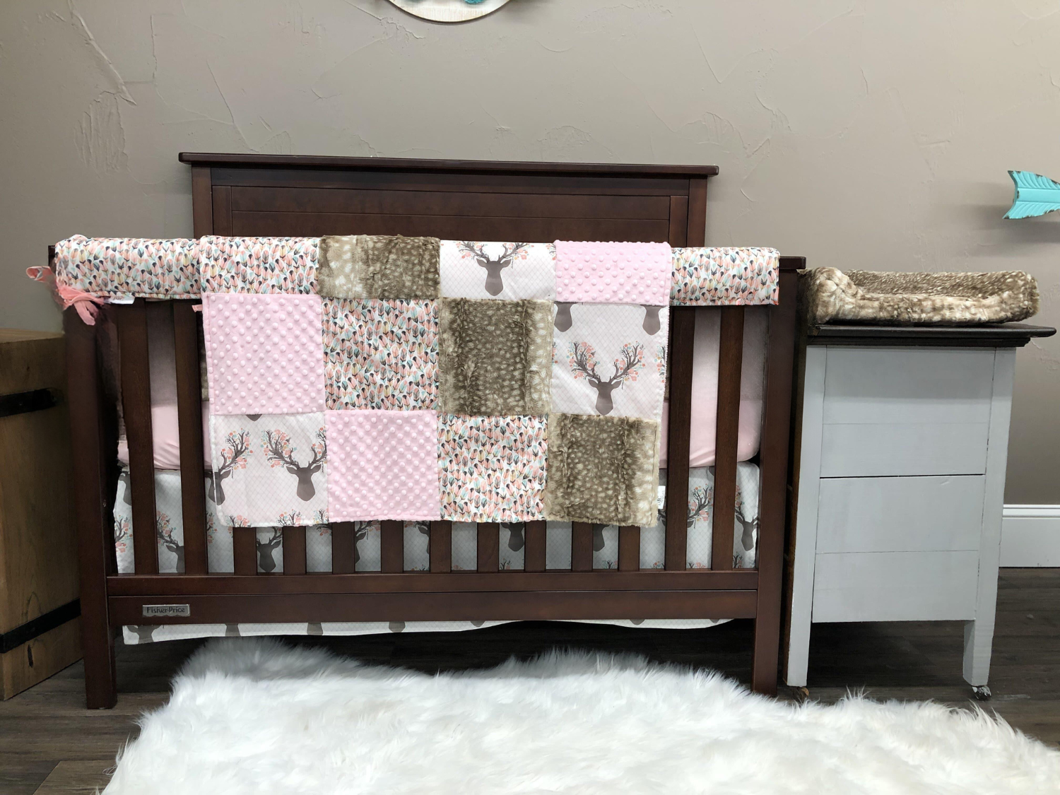 New Release Girl Crib Bedding - Tulip Fawn and Feather Woodland Nursery Collection - DBC Baby Bedding Co 