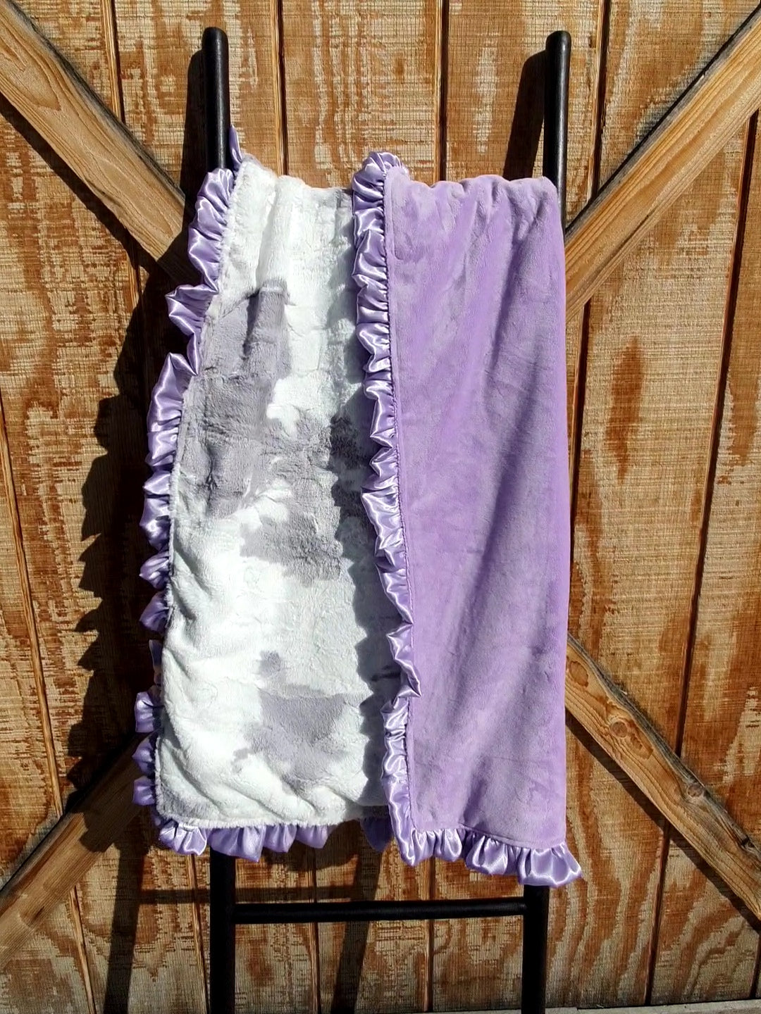 Live Blanket Sale - 32x36 Ruffle Baby Blanket Gray Calf and Lilac Minky - DBC Baby Bedding Co 