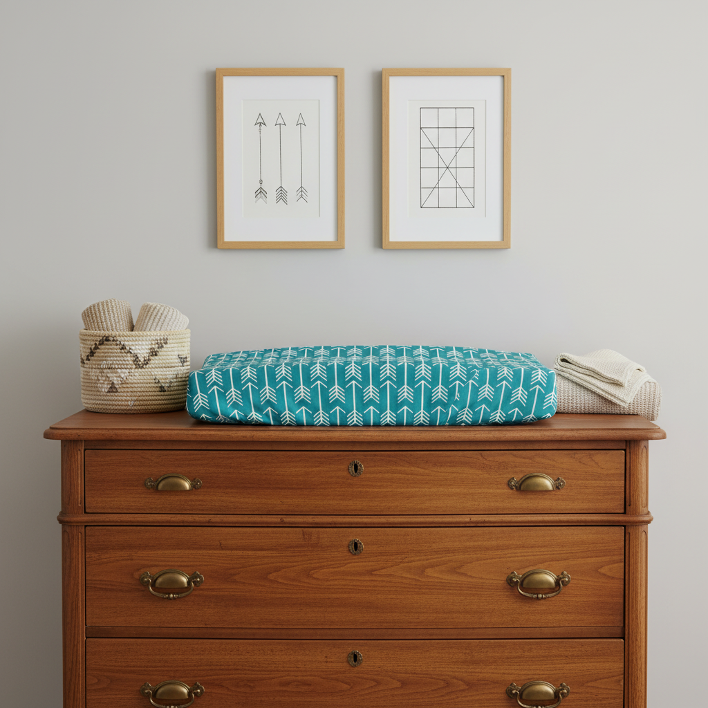 Arrow in Teal Western Changing Pad Cover on Brown Dresser with Wall Art