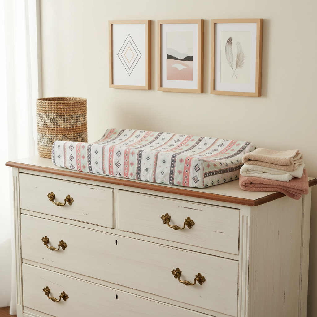 Aztec Stripe Western Changing Pad Cover on White Antique Dresser