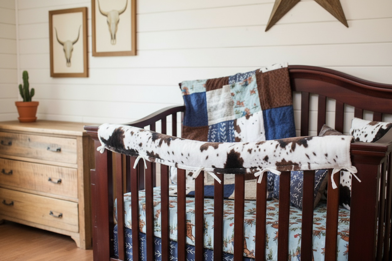 Barn Dandy Cowboy and Cow Minky Western Boy Crib Bedding close-up