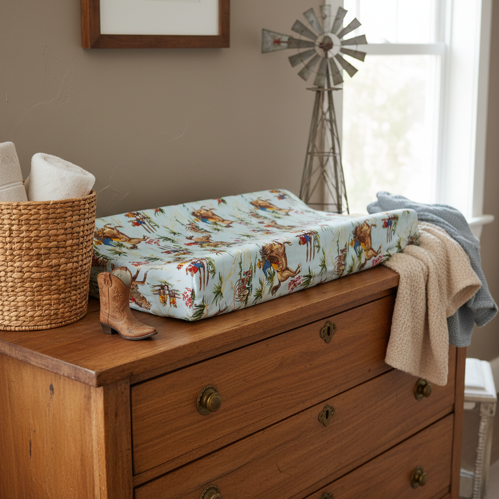 Barn Dandy Cowboy Western Changing Pad Cover on Antique Dresser