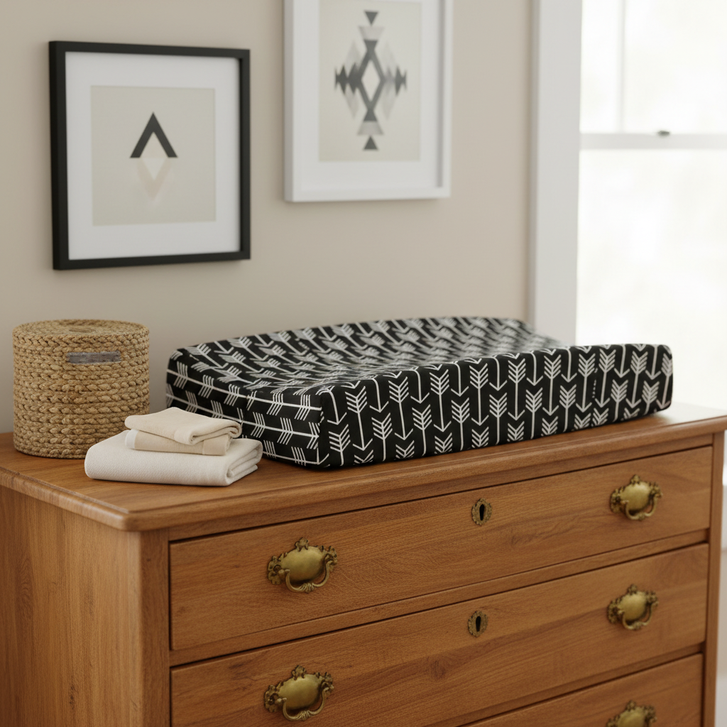 Black Arrow Western Changing Pad Cover on Brown Dresser with Wall Art