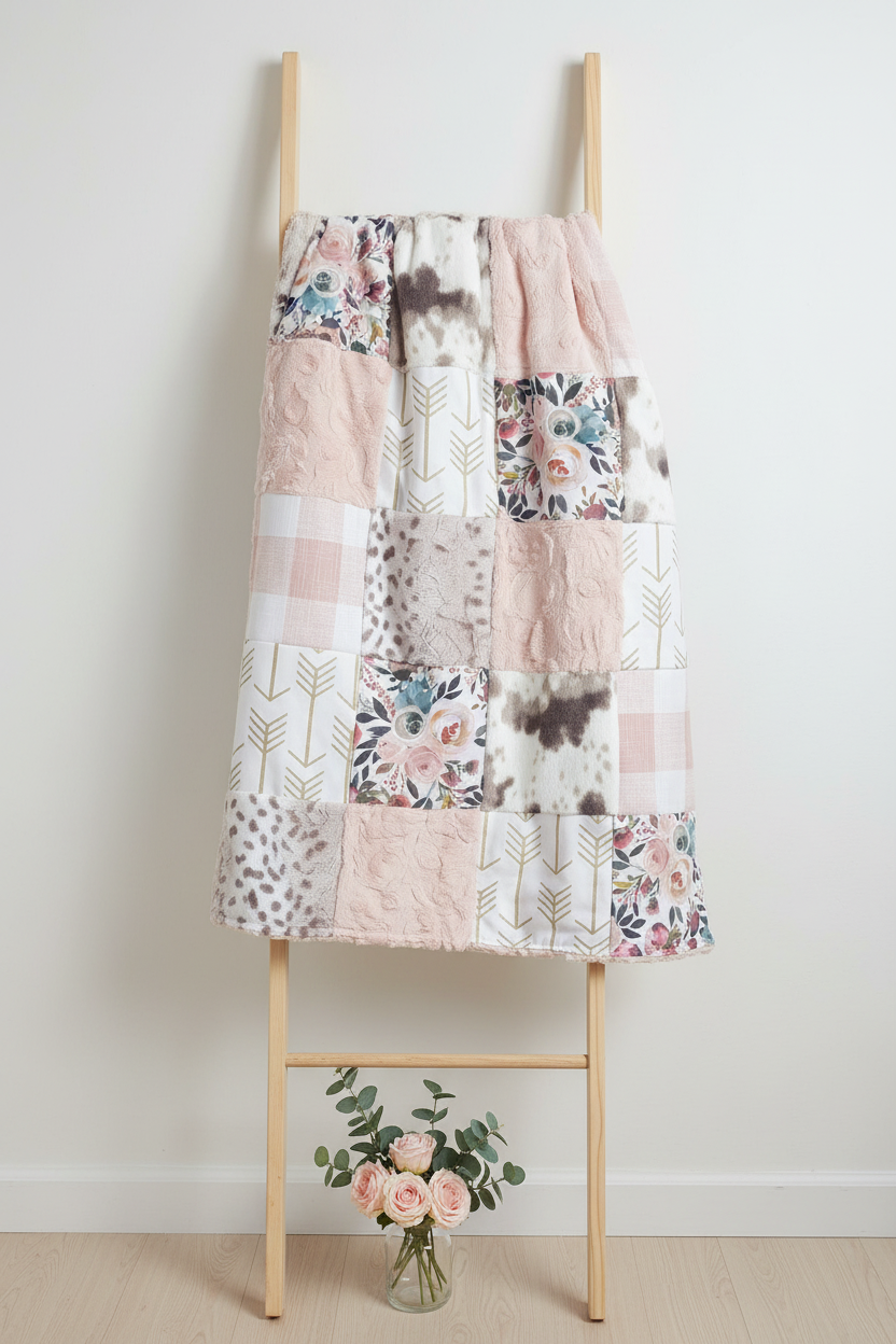 Blush and gray blanket on ladder