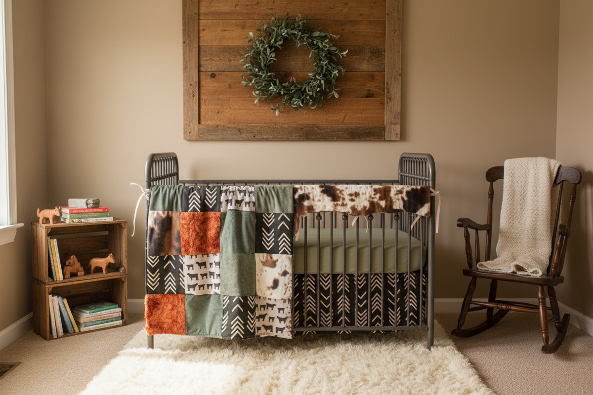 Boho Angus Western Boy Crib Bedding in Rustic Nursery