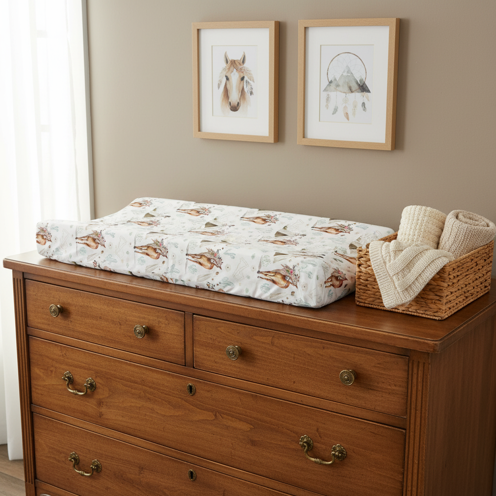 Boho Horse Western Changing Pad Cover on Brown Dresser with Wall Art
