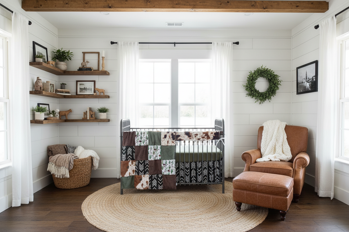 Bright farmhouse nursery with cactus mountains and cow minky western bedding