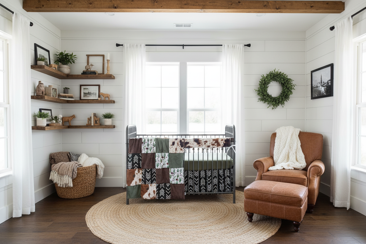Bright farmhouse nursery with cactus mountains and cow minky western bedding