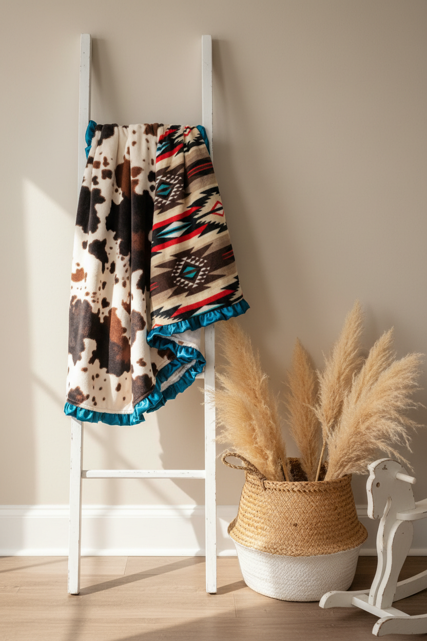 Brown Aztec and Cow Minky Western Blanket