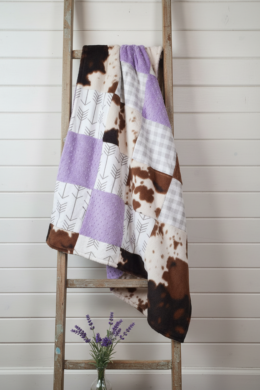 Brown Cow Purple Blanket Lifestyle on Ladder