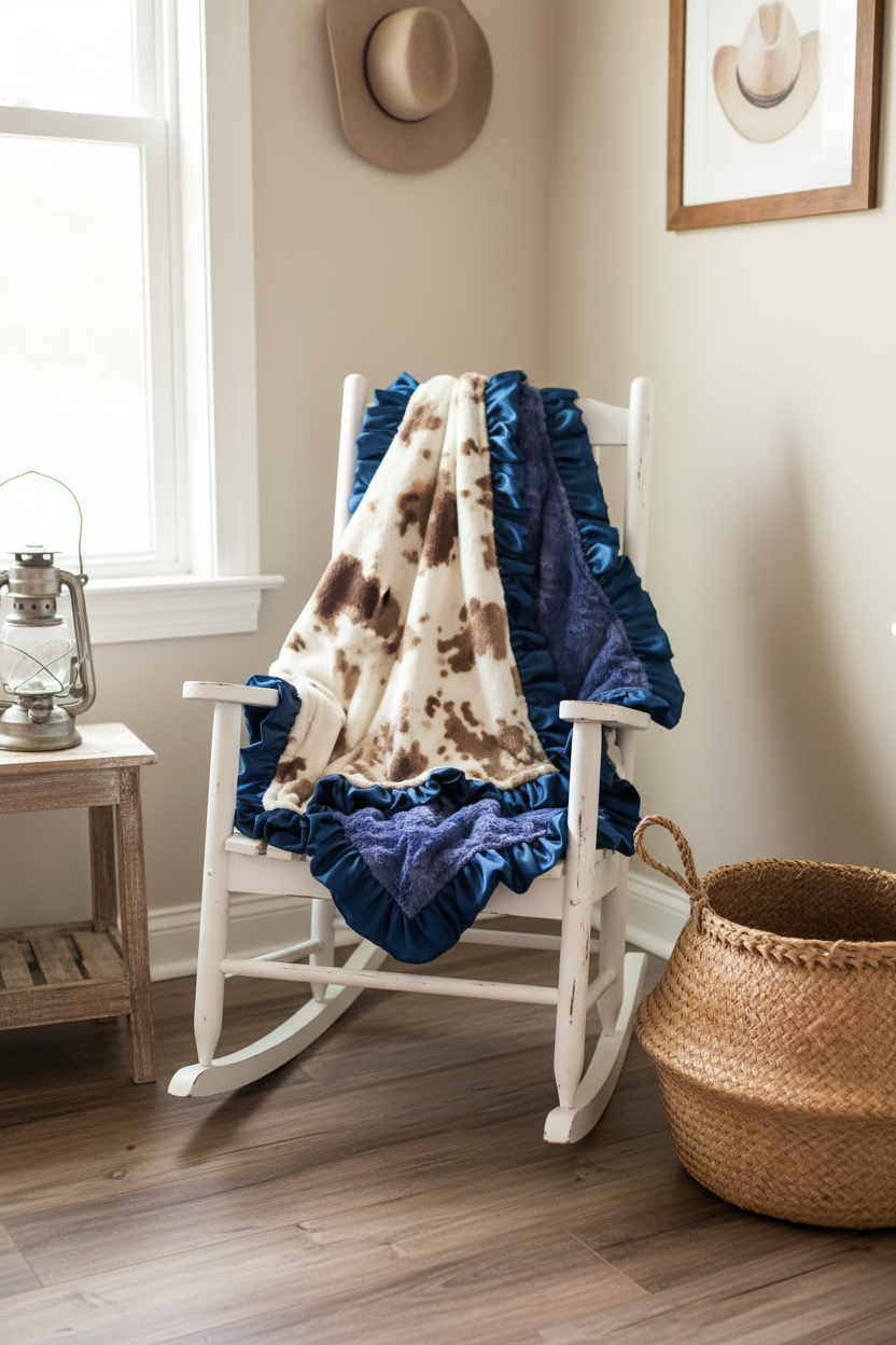 Brown Sugar Cow and Navy Minky Western Blanket Rocking Chair