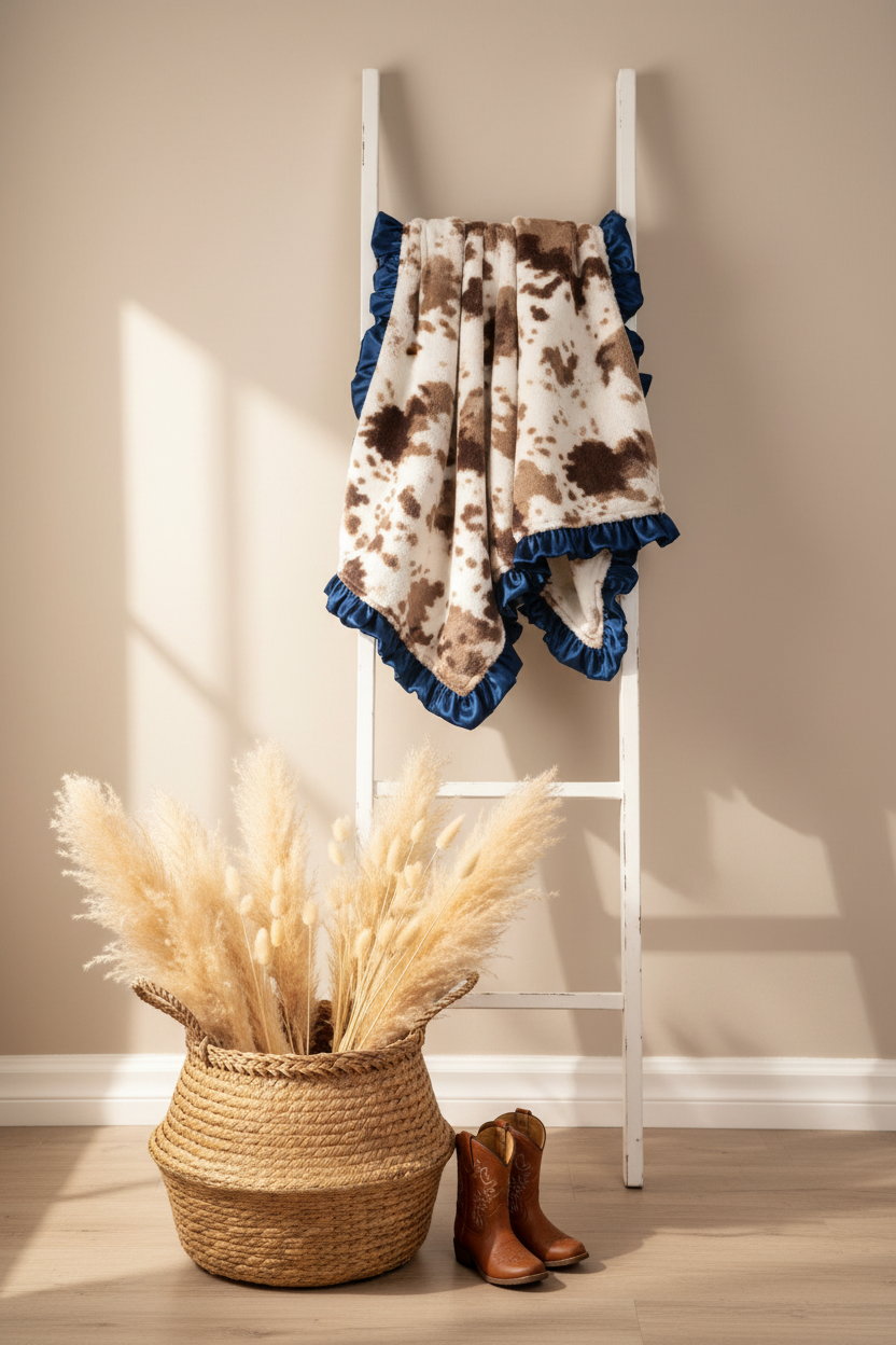 Brown Sugar Cow and Navy Minky Western Blanket