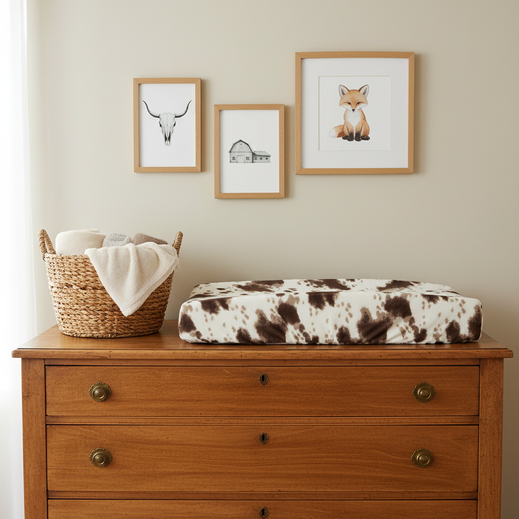 Brown Sugar Cow Western Changing Pad Cover on Brown Dresser with Wall Art