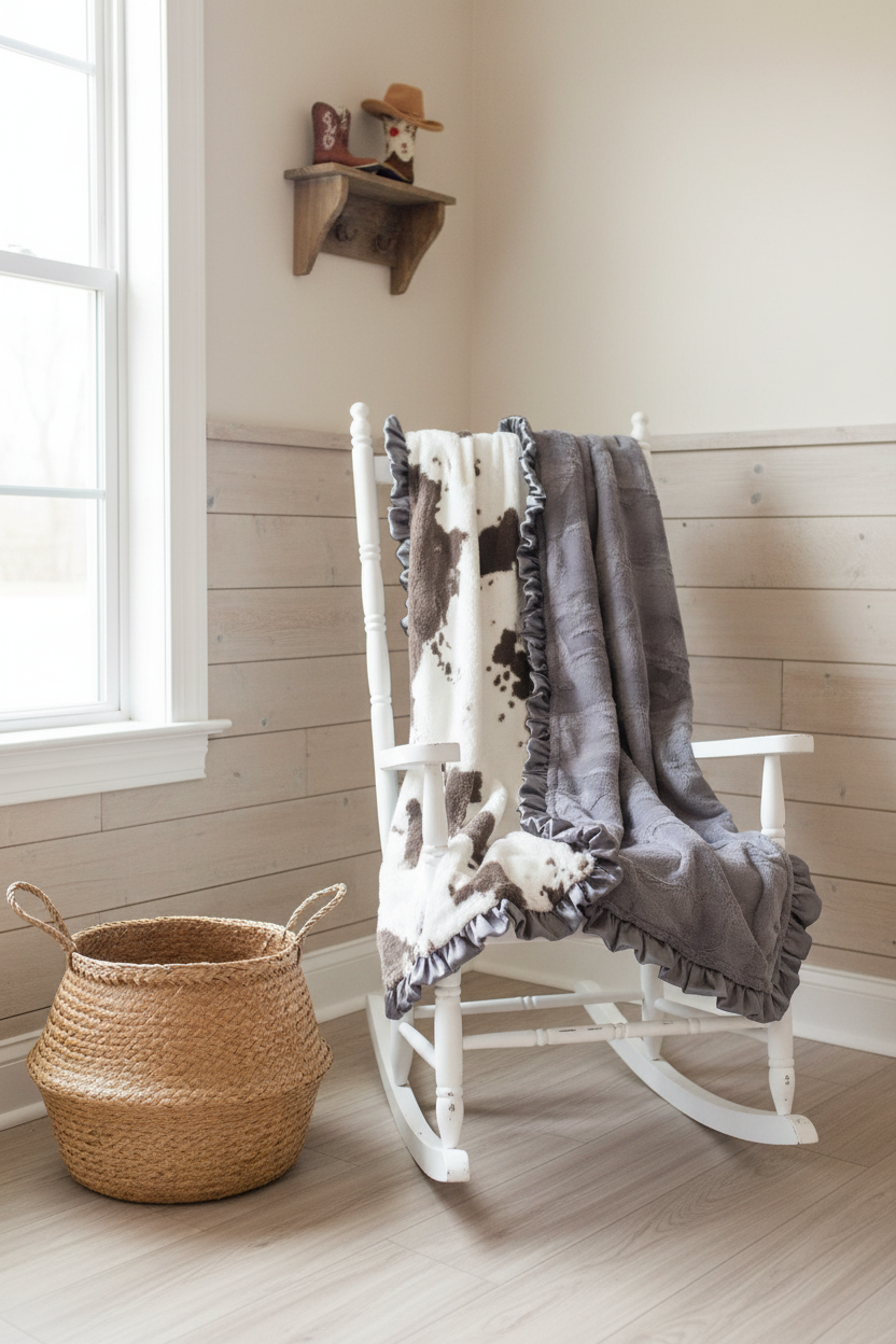 Brownie Calf and Gray Hide Minky Western Blanket Rocking Chair