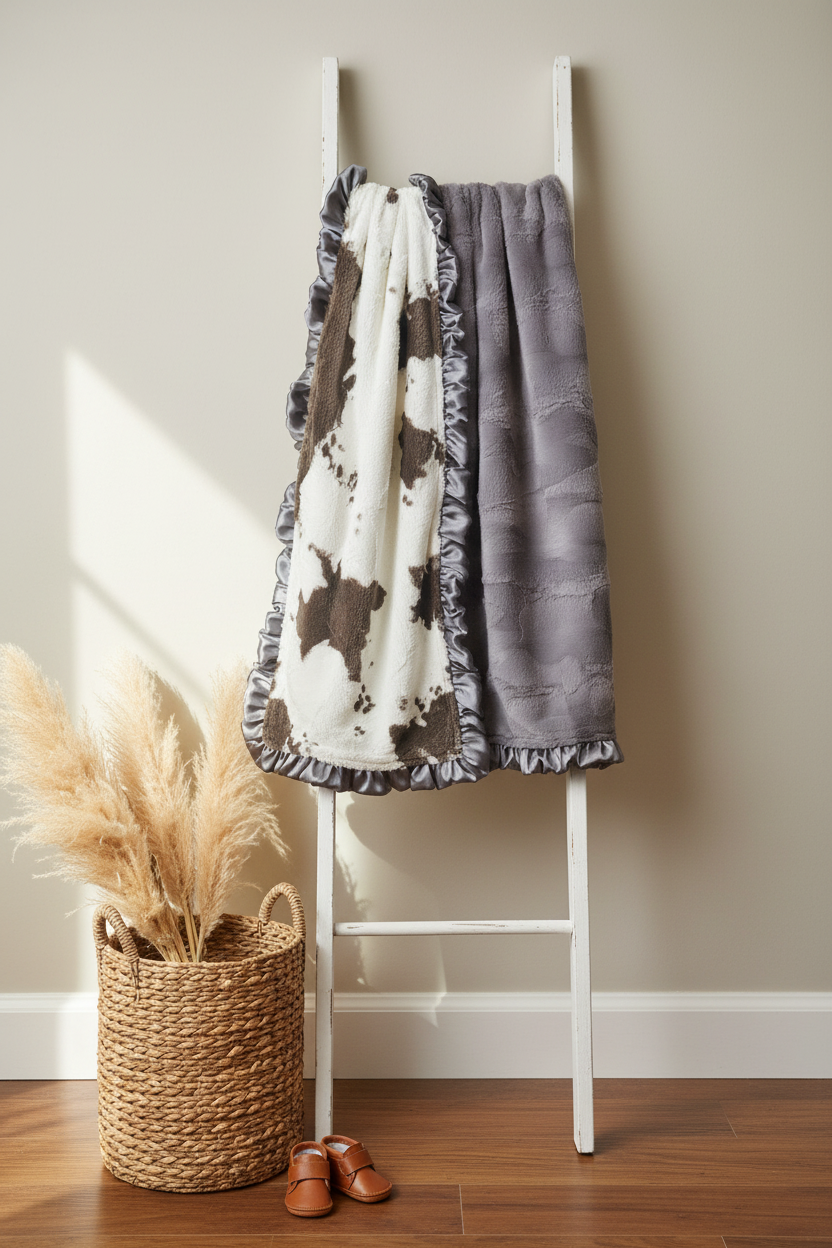 Brownie Calf and Gray Hide Minky Western Blanket