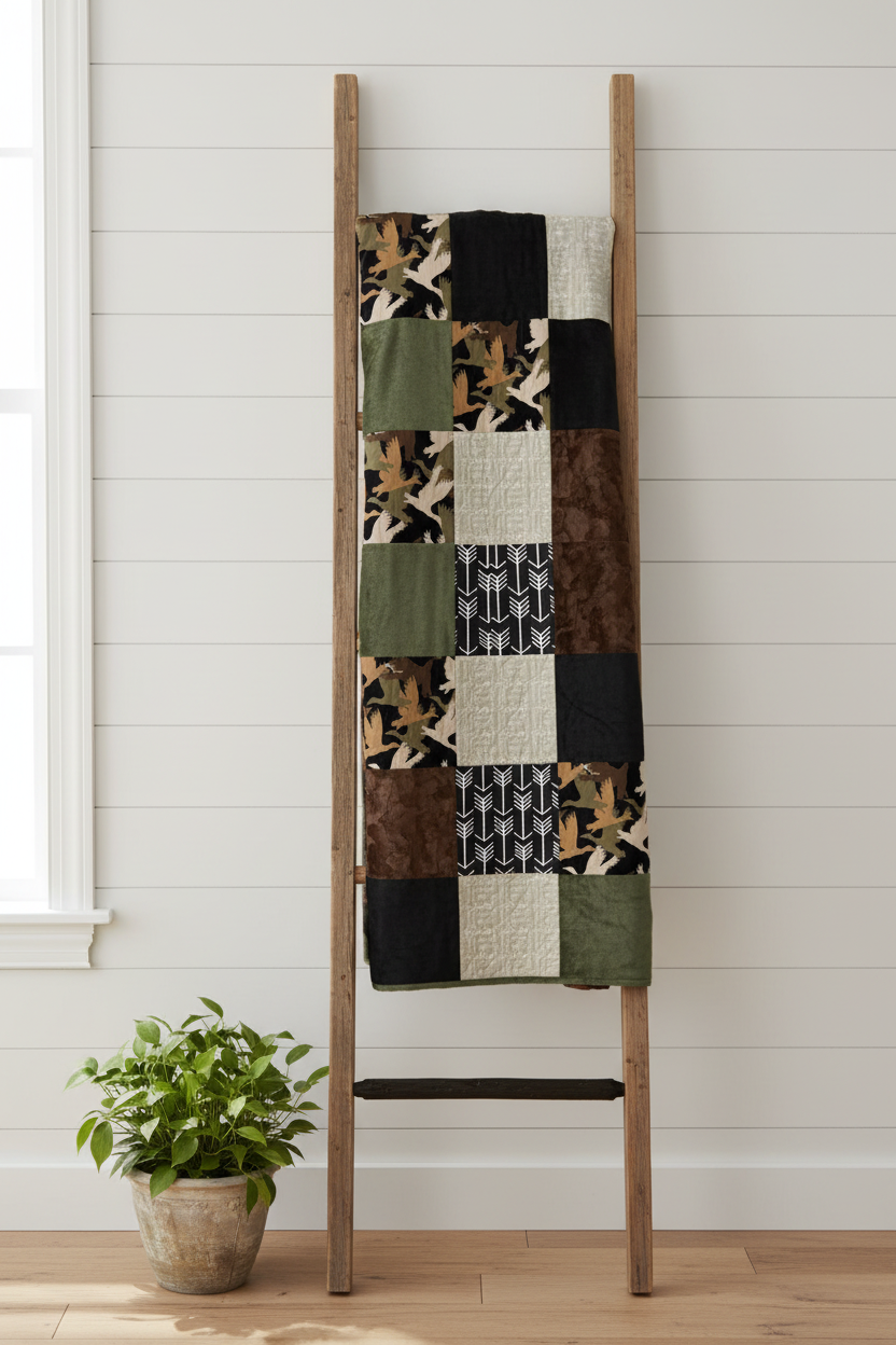Camo duck hunting patchwork blanket on ladder - clean grid
