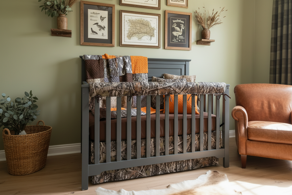 Camo Hunting Woodland Nursery - Close-up Angled View